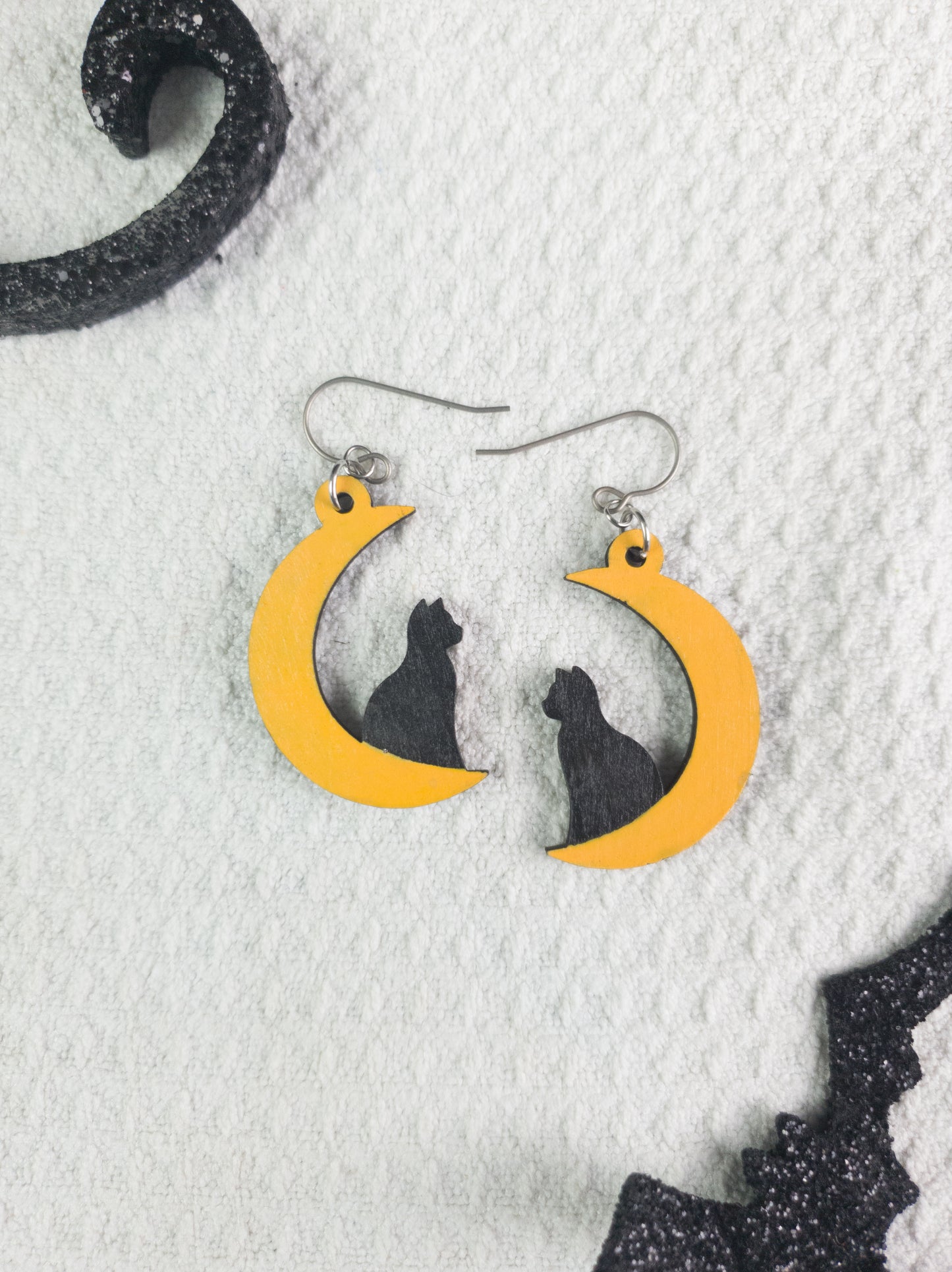Black Cat on Moon Halloween Earrings