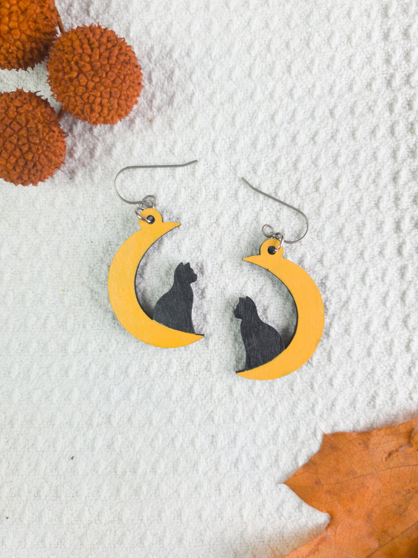 Black Cat on Moon Halloween Earrings