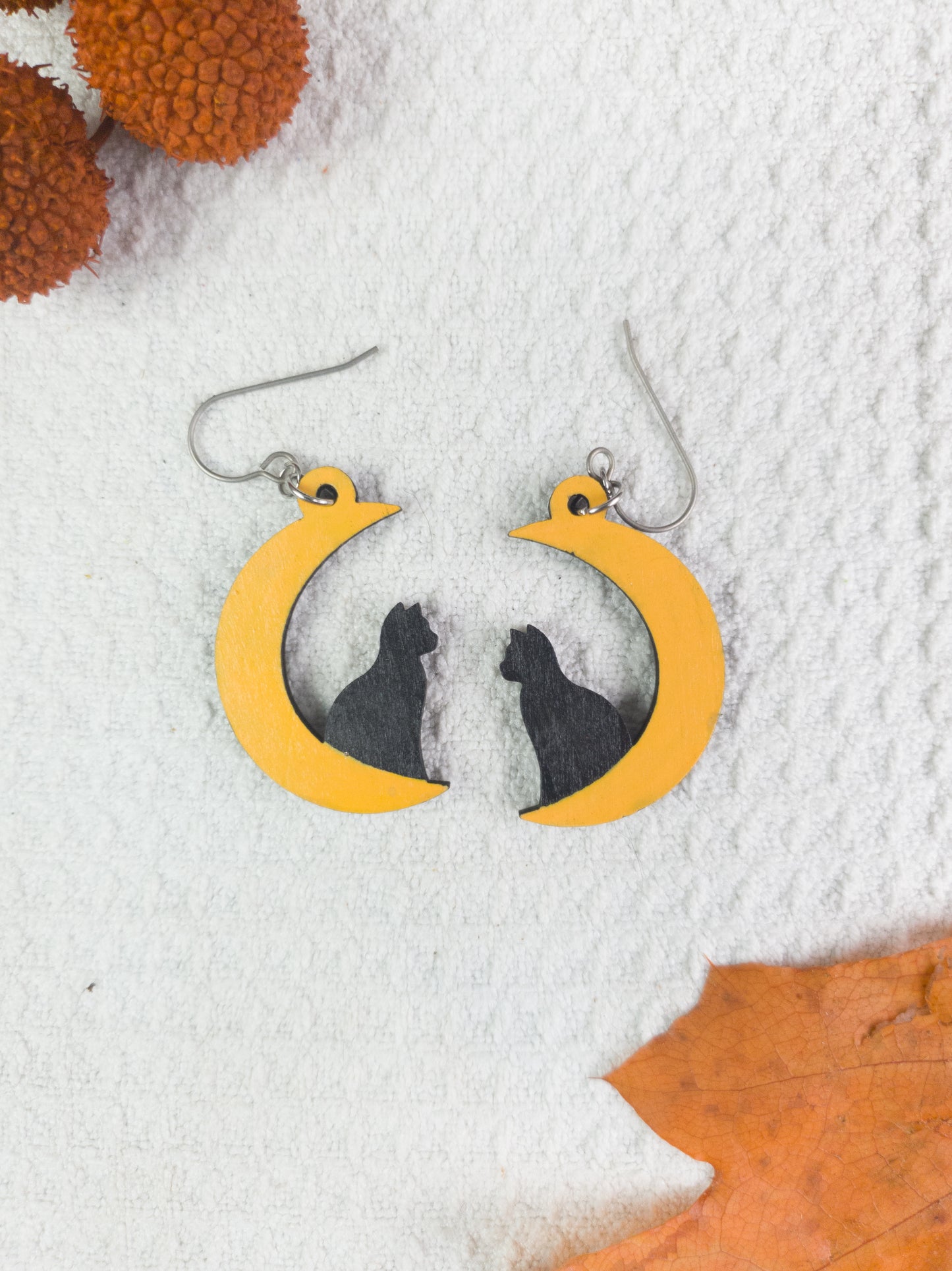 Black Cat on Moon Halloween Earrings
