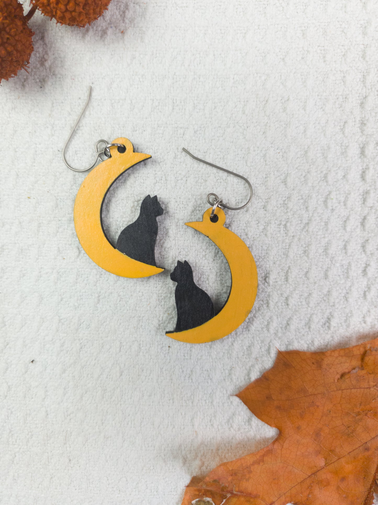 Black Cat on Moon Halloween Earrings