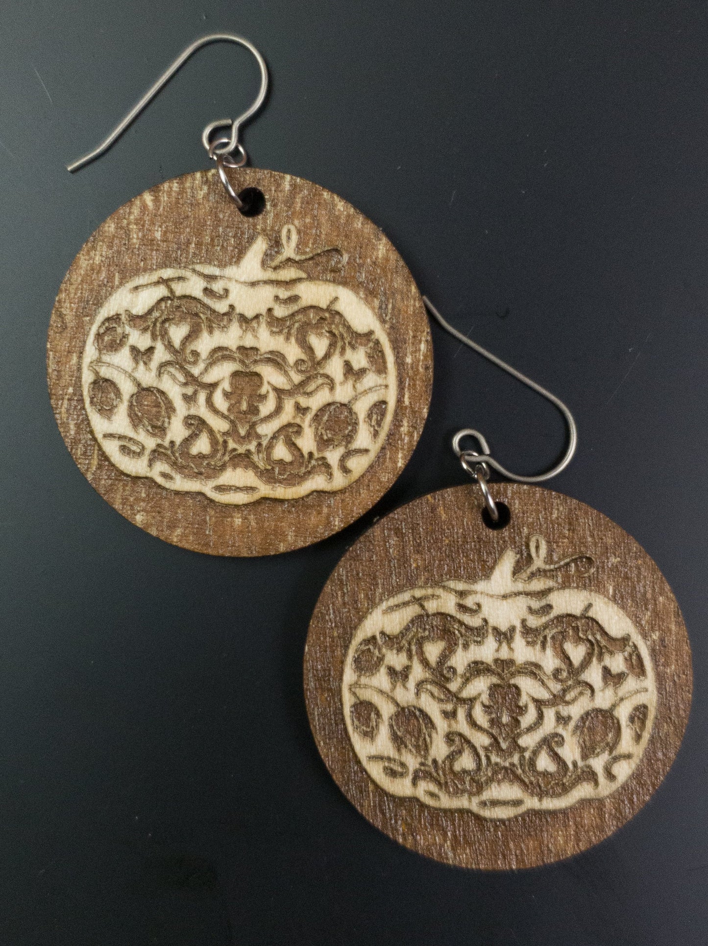 Elegant Reverse Engraved Pumpkin Earrings - A Farm Girl by Tess | Handmade Alpaca Wool Winter Hats for Women
