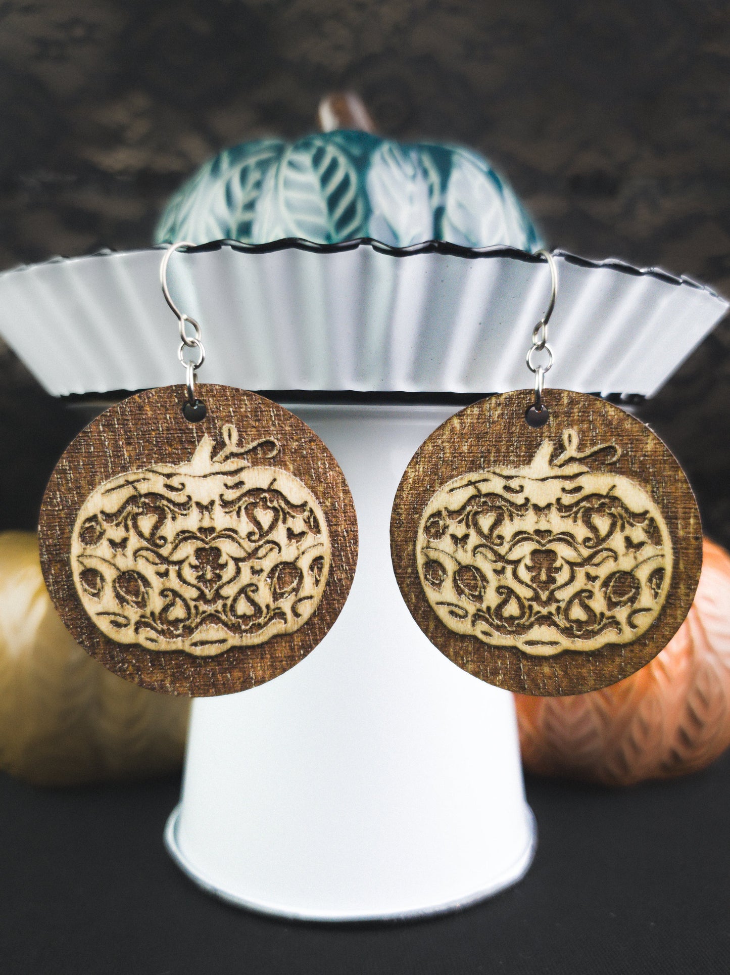 Elegant Reverse Engraved Pumpkin Earrings - A Farm Girl by Tess | Handmade Alpaca Wool Winter Hats for Women