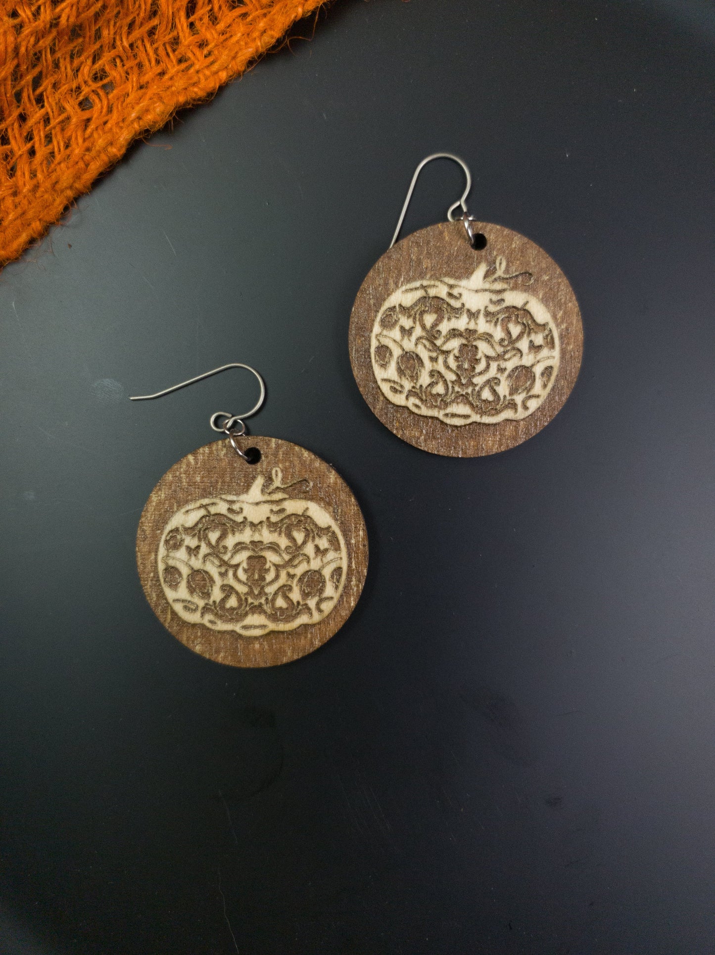 Elegant Reverse Engraved Pumpkin Earrings - A Farm Girl by Tess | Handmade Alpaca Wool Winter Hats for Women