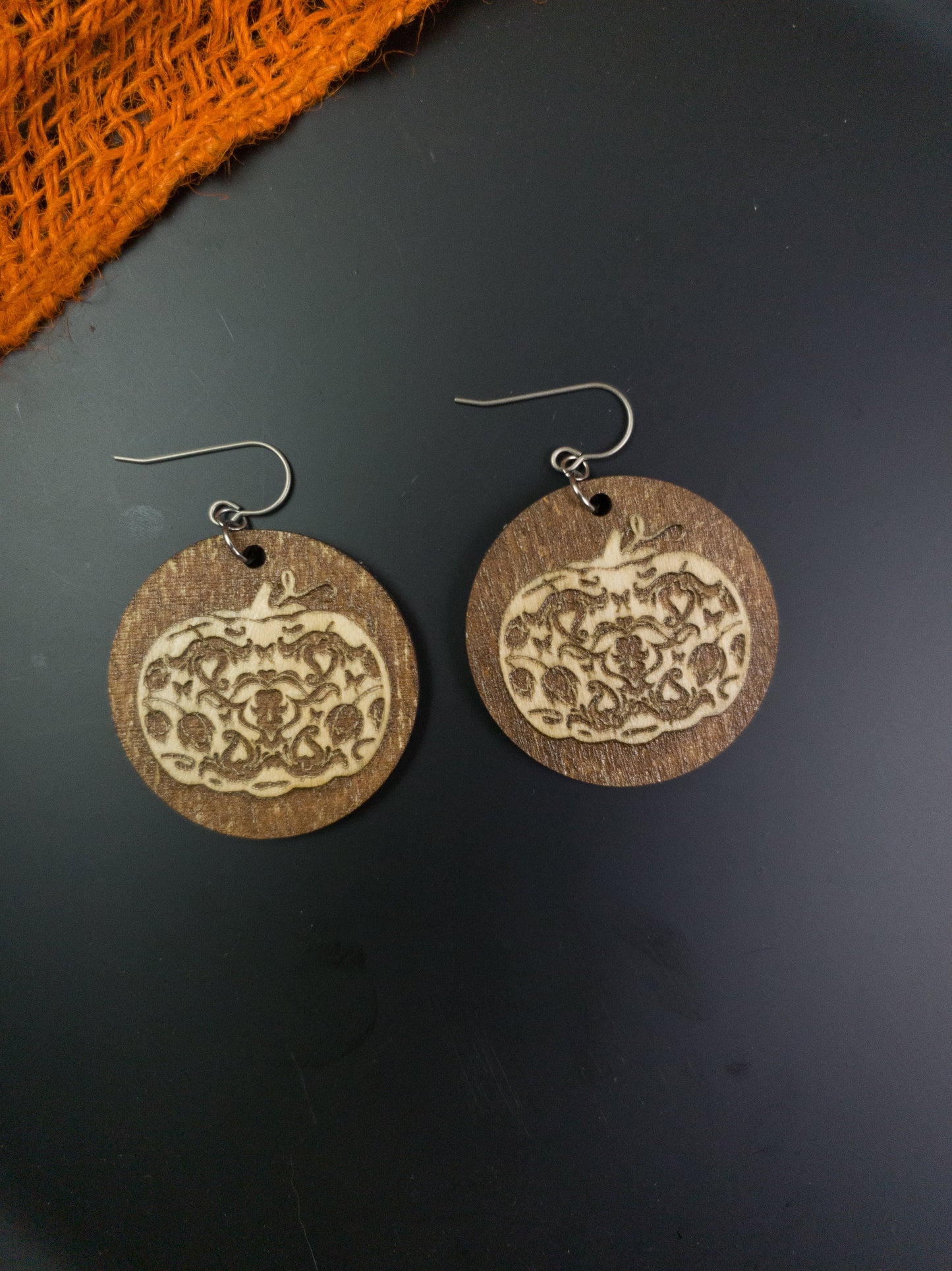 Elegant Reverse Engraved Pumpkin Earrings - A Farm Girl by Tess | Handmade Alpaca Wool Winter Hats for Women