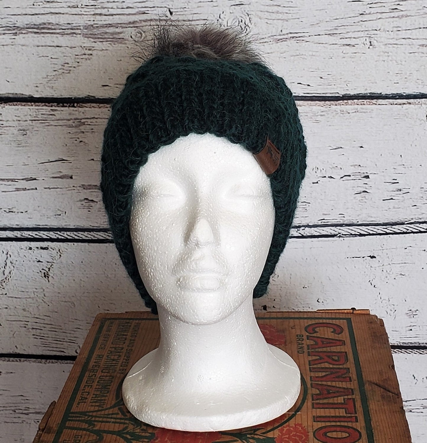 Evergreen Alpaca Blend Wool Crochet Hat with Pom - a-Farm-girl-bytess | Handmade Alpaca Wool Winter Hats for Women