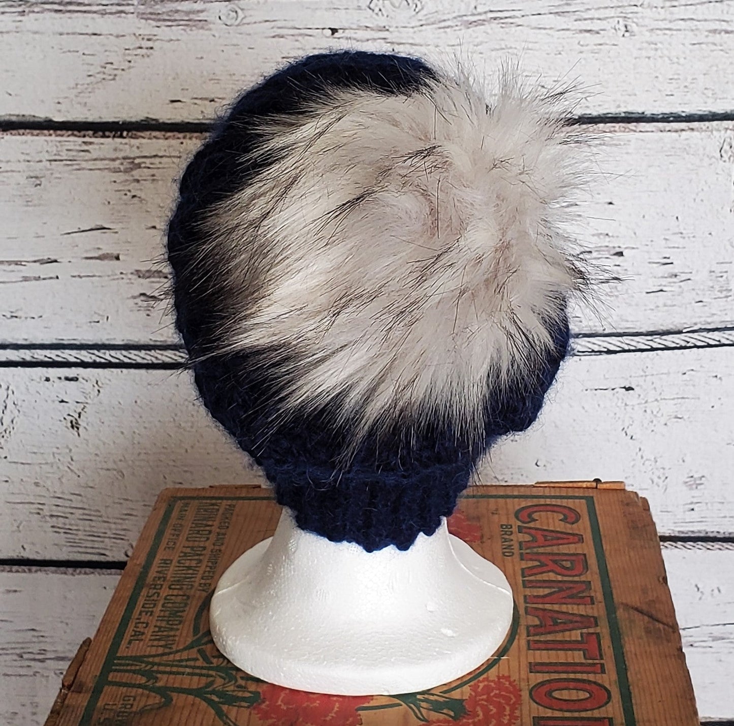 Navy Blue Alpaca Blend Wool Crochet Hat with Pom - a-Farm-girl-bytess | Handmade Alpaca Wool Winter Hats for Women