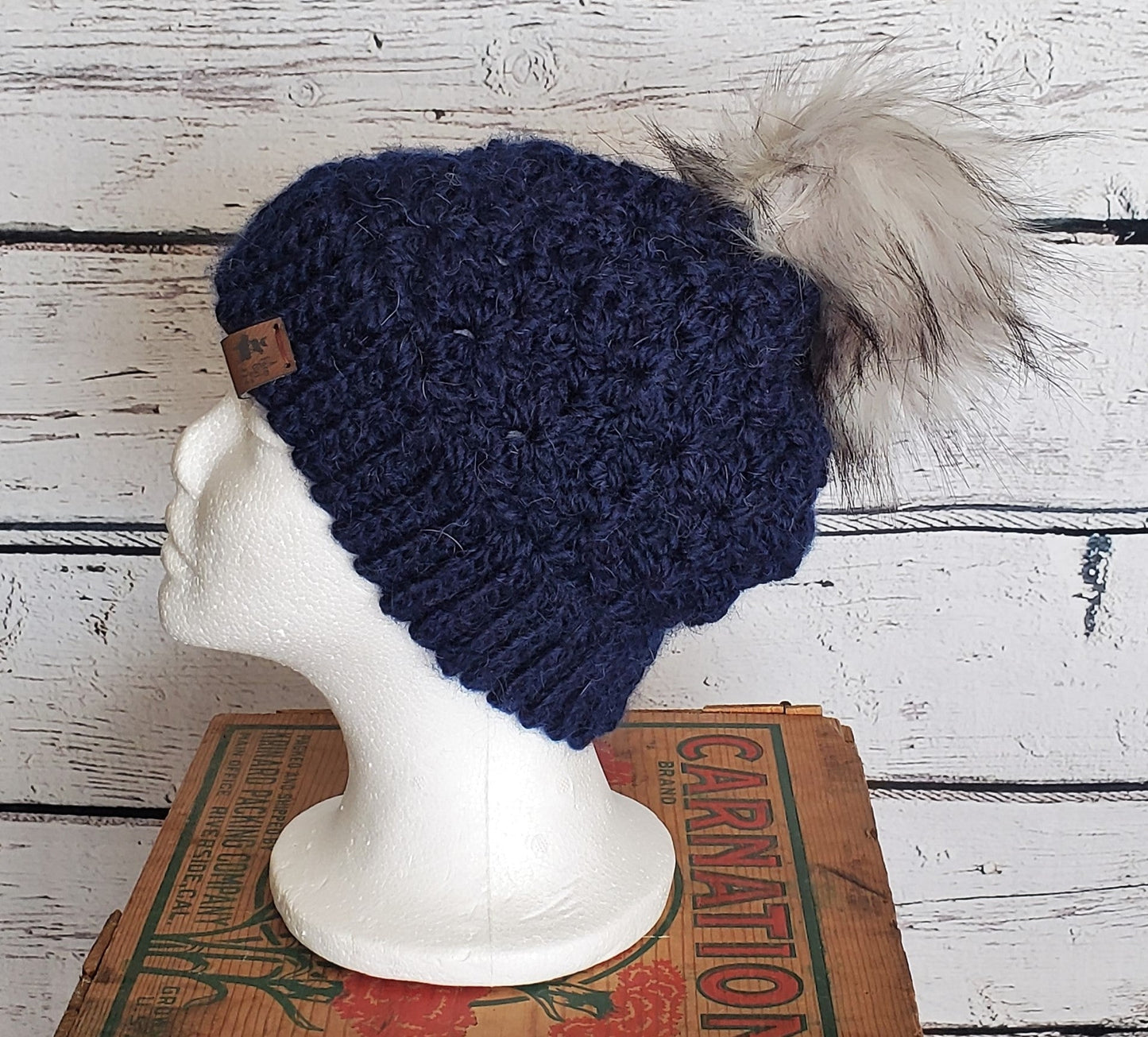Navy Blue Alpaca Blend Wool Crochet Hat with Pom - a-Farm-girl-bytess | Handmade Alpaca Wool Winter Hats for Women