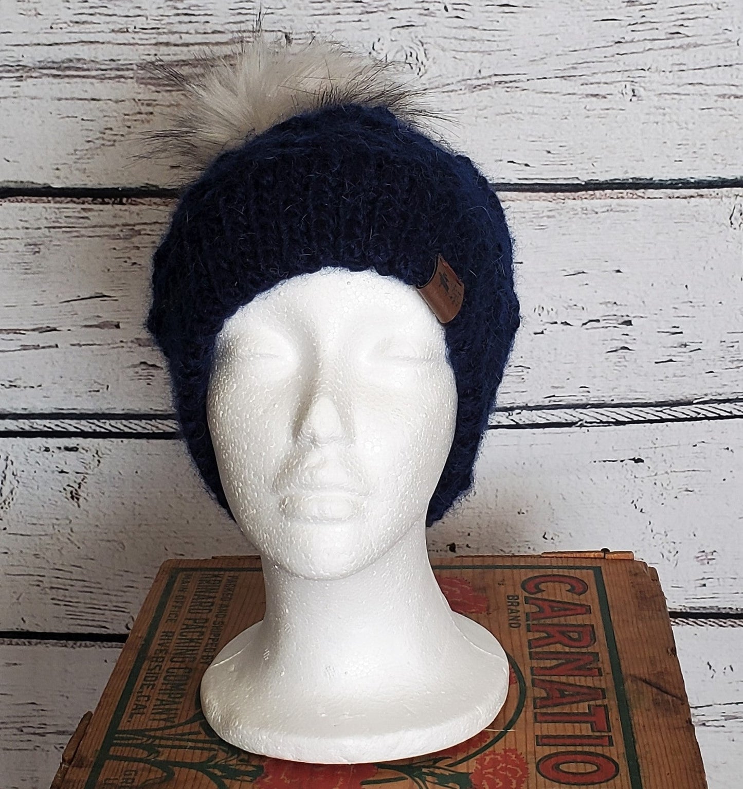 Navy Blue Alpaca Blend Wool Crochet Hat with Pom - a-Farm-girl-bytess | Handmade Alpaca Wool Winter Hats for Women