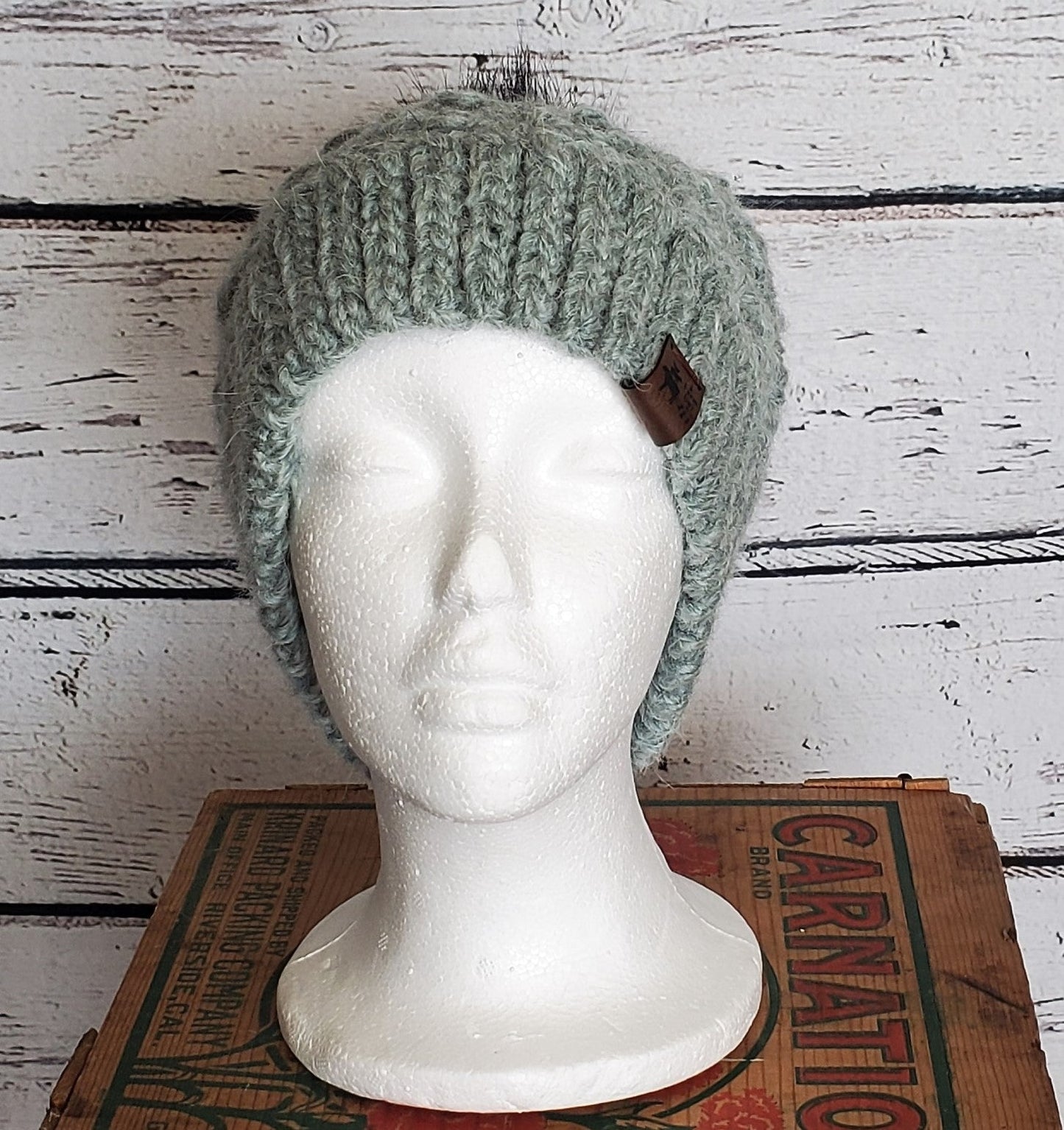 Sage Alpaca Blend Wool Crochet Hat with Pom - a-Farm-girl-bytess | Handmade Alpaca Wool Winter Hats for Women