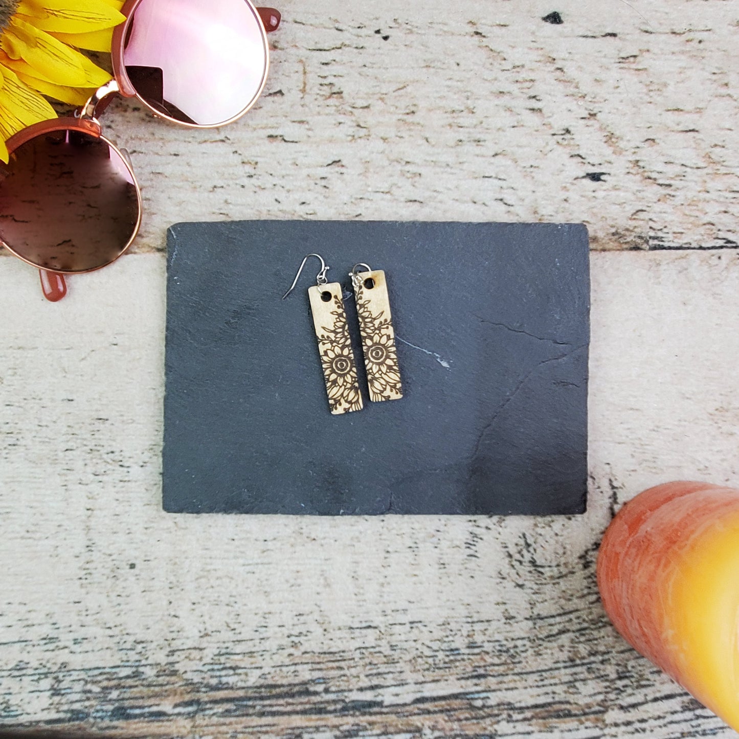 Small Sunflower Rectangle Wood Engraved Earrings - A Farm Girl by Tess | Handmade Alpaca Wool Winter Hats for Women