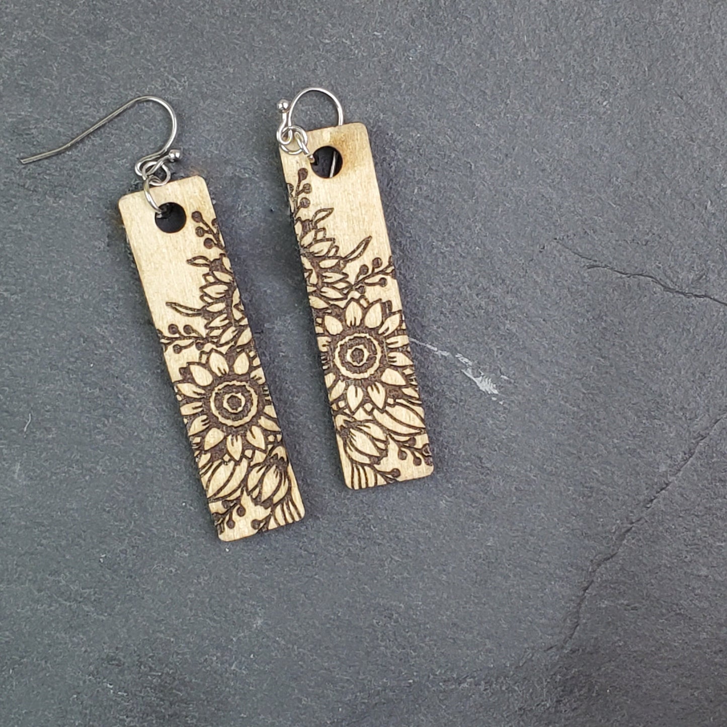 Small Sunflower Rectangle Wood Engraved Earrings - A Farm Girl by Tess | Handmade Alpaca Wool Winter Hats for Women