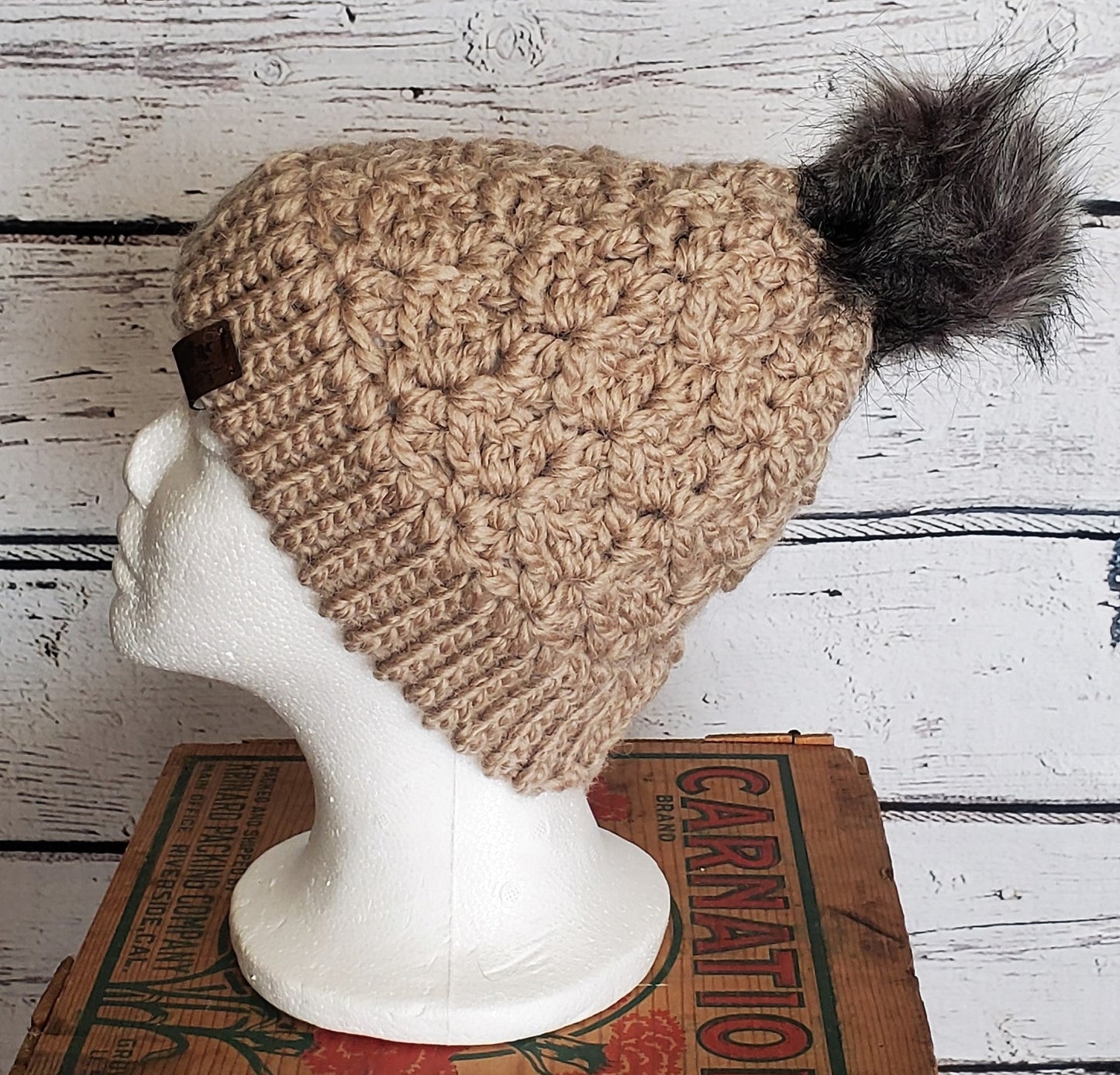 Taupe Alpaca Blend Wool Crochet Hat with Pom - a-Farm-girl-bytess | Handmade Alpaca Wool Winter Hats for Women