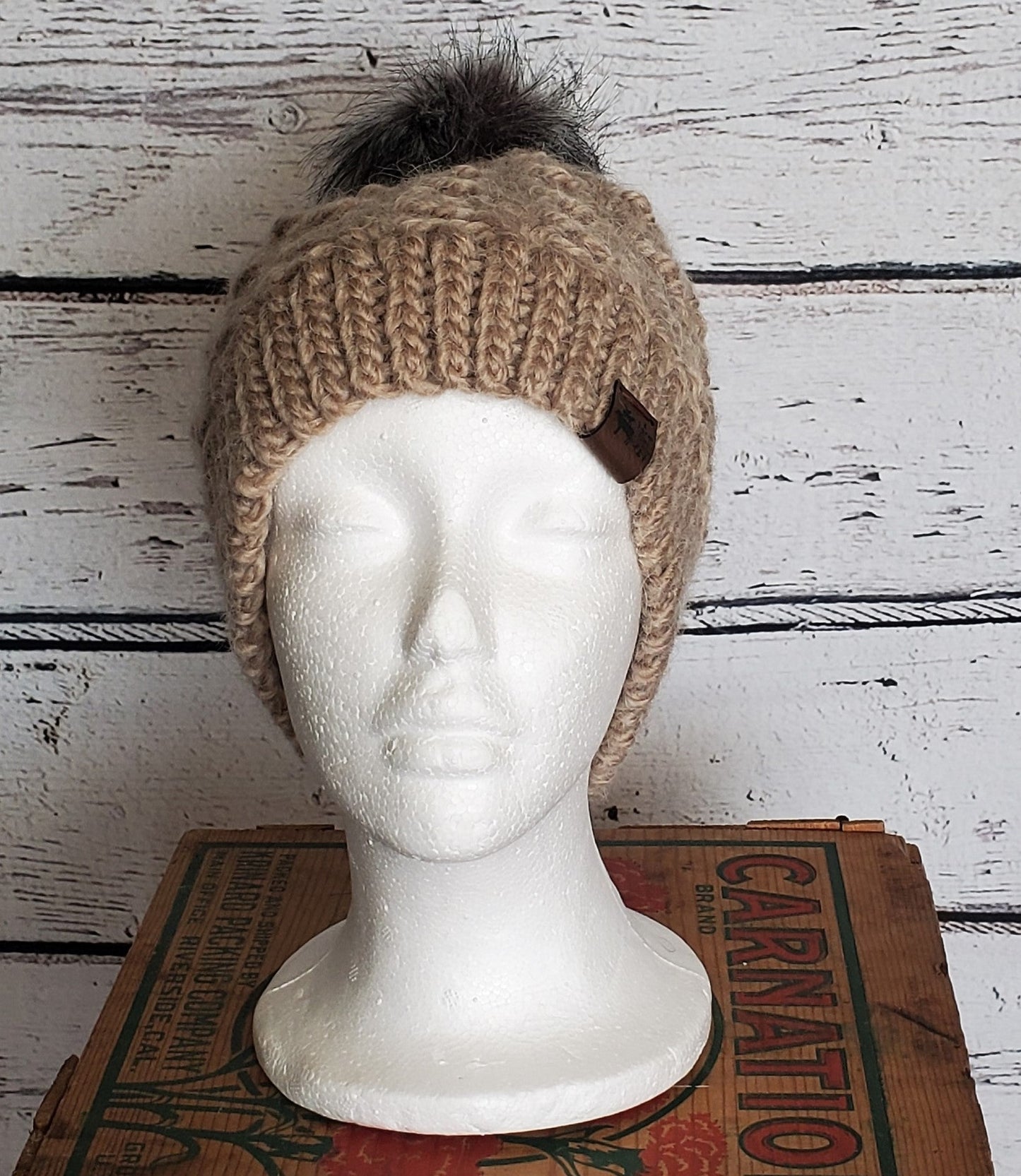 Taupe Alpaca Blend Wool Crochet Hat with Pom - a-Farm-girl-bytess | Handmade Alpaca Wool Winter Hats for Women