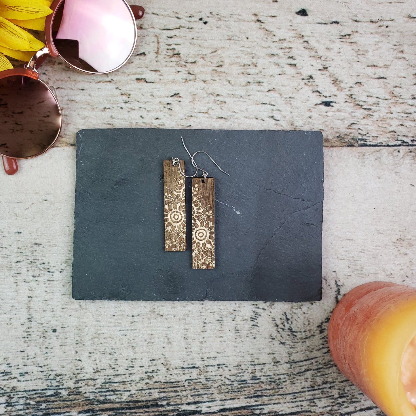 Large Rectangle Sunflower Engraved Wooden Earrings
