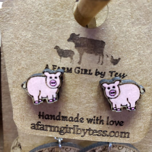 Kid's Painted Pig Studs - A Farm Girl by Tess | Handmade Alpaca Wool Winter Hats for Women