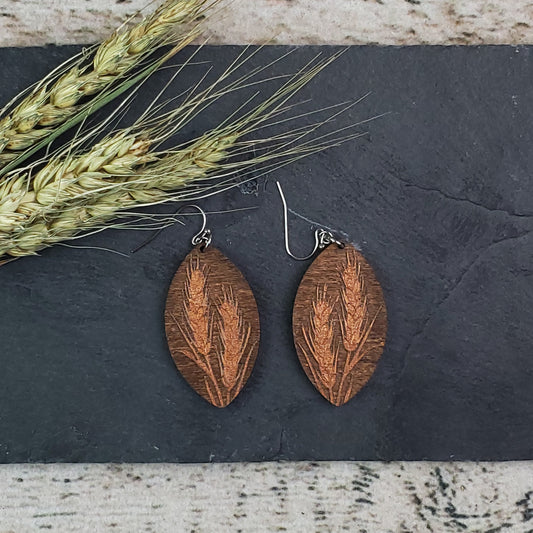 Bronze Wheat Reverse Engraved Wood Dangle Earrings - A Farm Girl by Tess | Handmade Alpaca Wool Winter Hats for Women