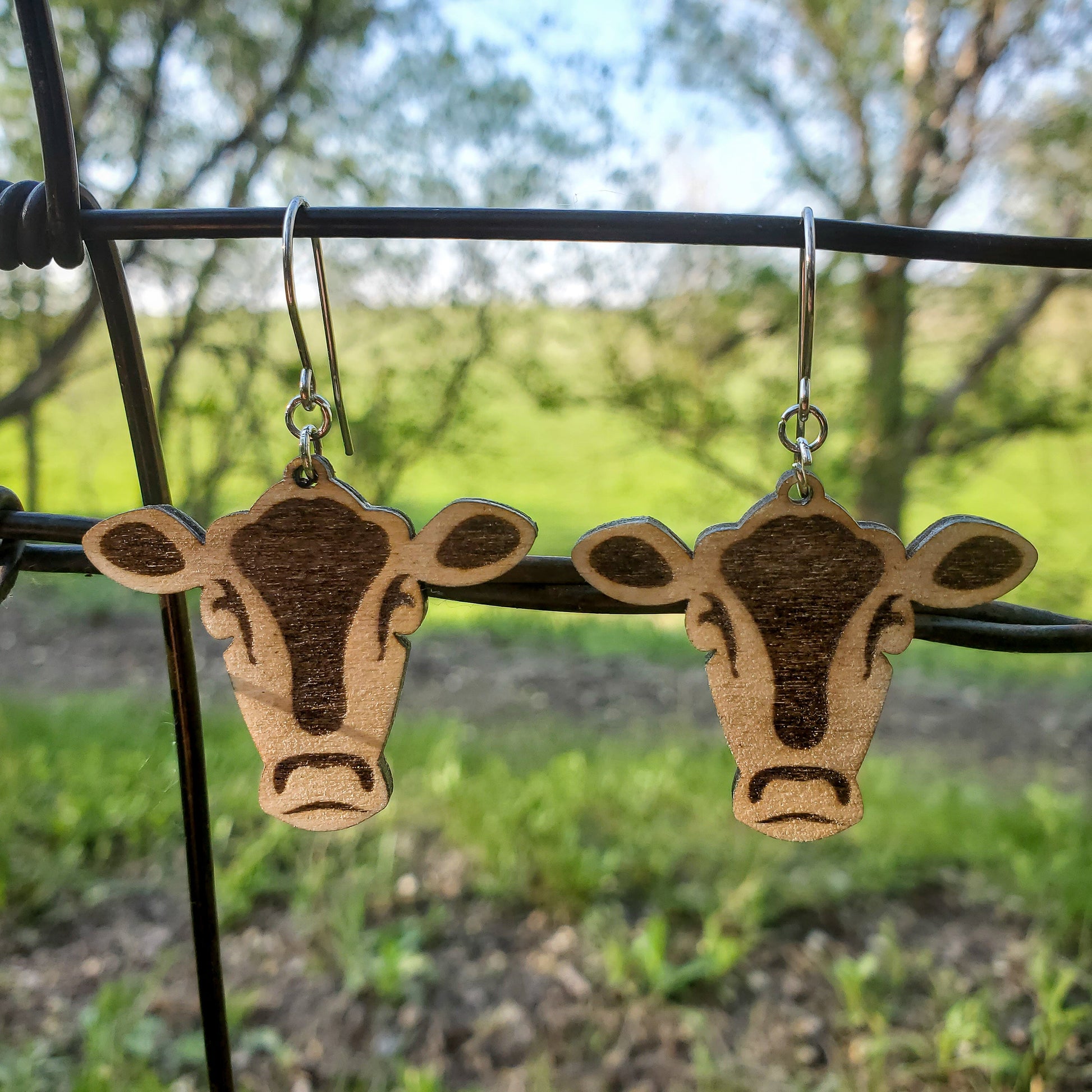 Cow Engraved Wood Dangle Earrings - A Farm Girl by Tess | Handmade Alpaca Wool Winter Hats for Women