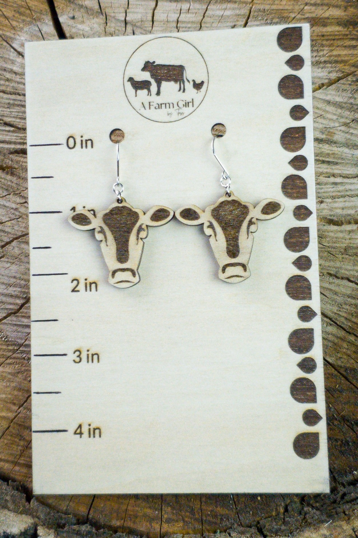 Cow Engraved Wood Dangle Earrings - A Farm Girl by Tess | Handmade Alpaca Wool Winter Hats for Women
