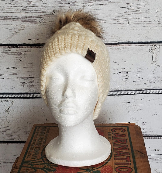 Cream Alpaca Blend Wool Crochet Hat with Pom - a-Farm-girl-bytess | Handmade Alpaca Wool Winter Hats for Women