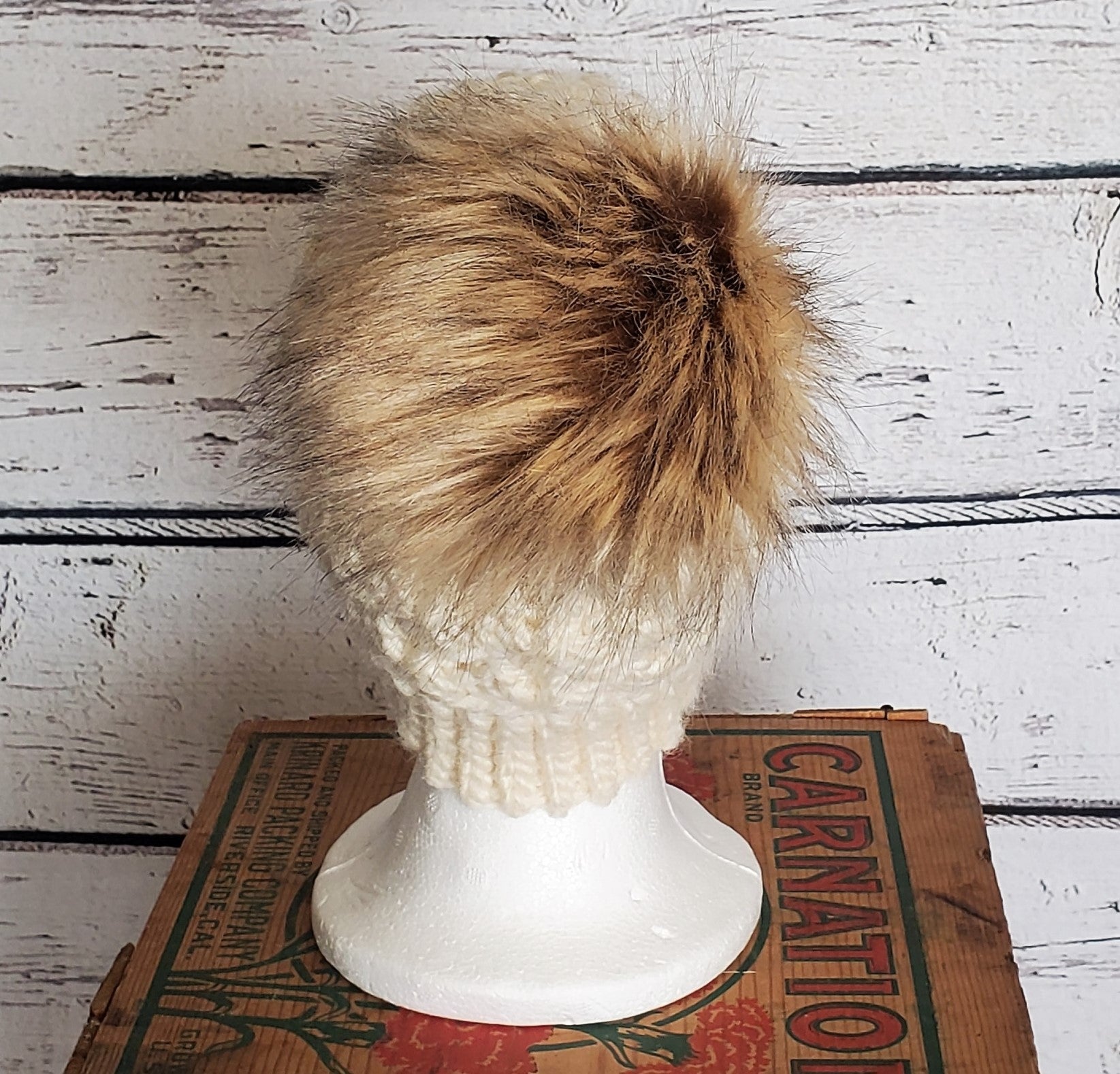 Custom Size Cream Faux Fur Pom Poms for Crochet Crafts Hats and