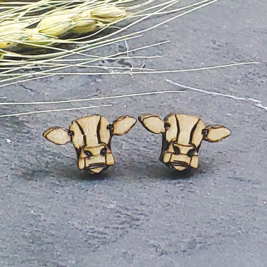 Cute Cow Wood Engraved Earrings - A Farm Girl by Tess | Handmade Alpaca Wool Winter Hats for Women