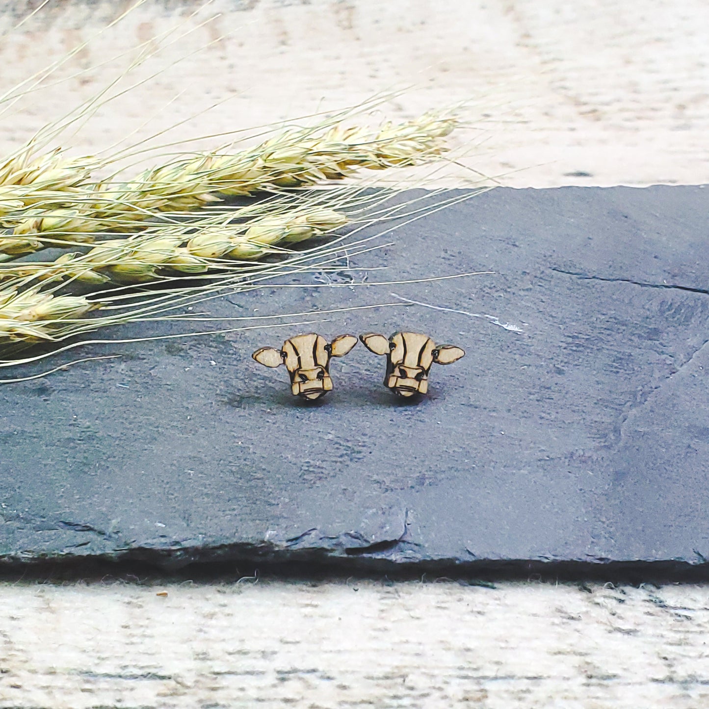 Cute Cow Wood Engraved Earrings - A Farm Girl by Tess | Handmade Alpaca Wool Winter Hats for Women