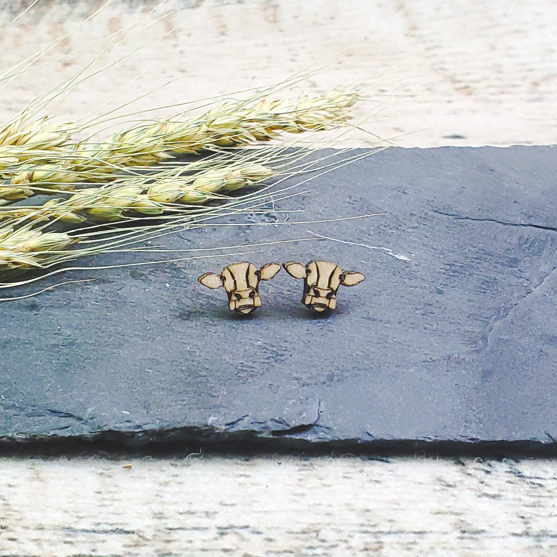 Cute Cow Wood Engraved Earrings - A Farm Girl by Tess | Handmade Alpaca Wool Winter Hats for Women