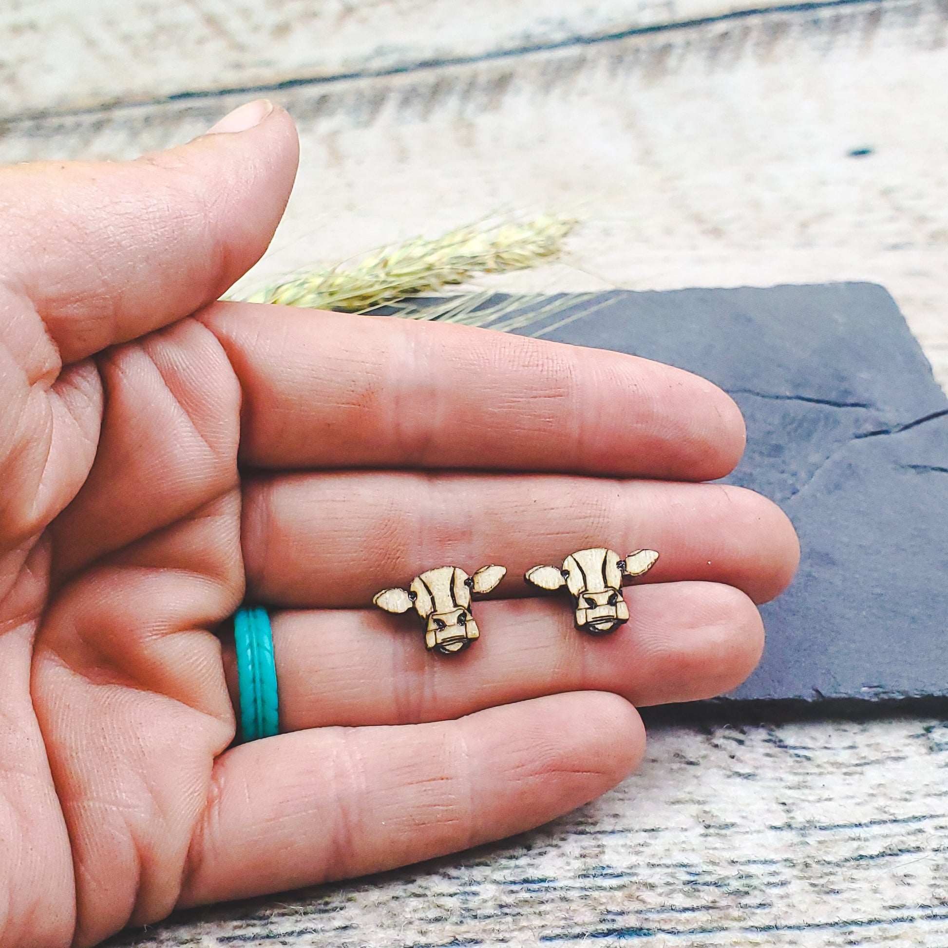 Cute Cow Wood Engraved Earrings - A Farm Girl by Tess | Handmade Alpaca Wool Winter Hats for Women