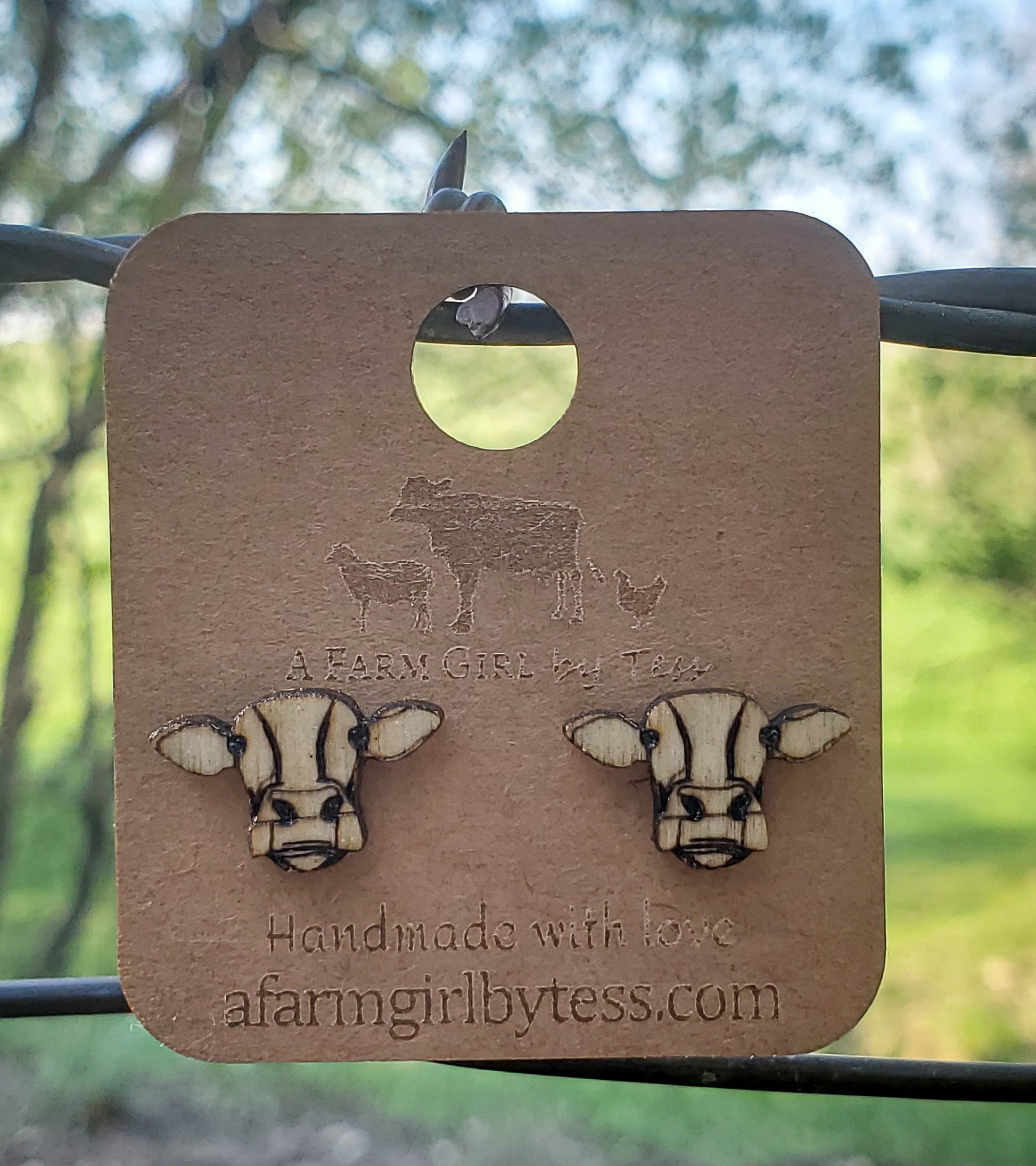 Cute Cow Wood Engraved Earrings - A Farm Girl by Tess | Handmade Alpaca Wool Winter Hats for Women