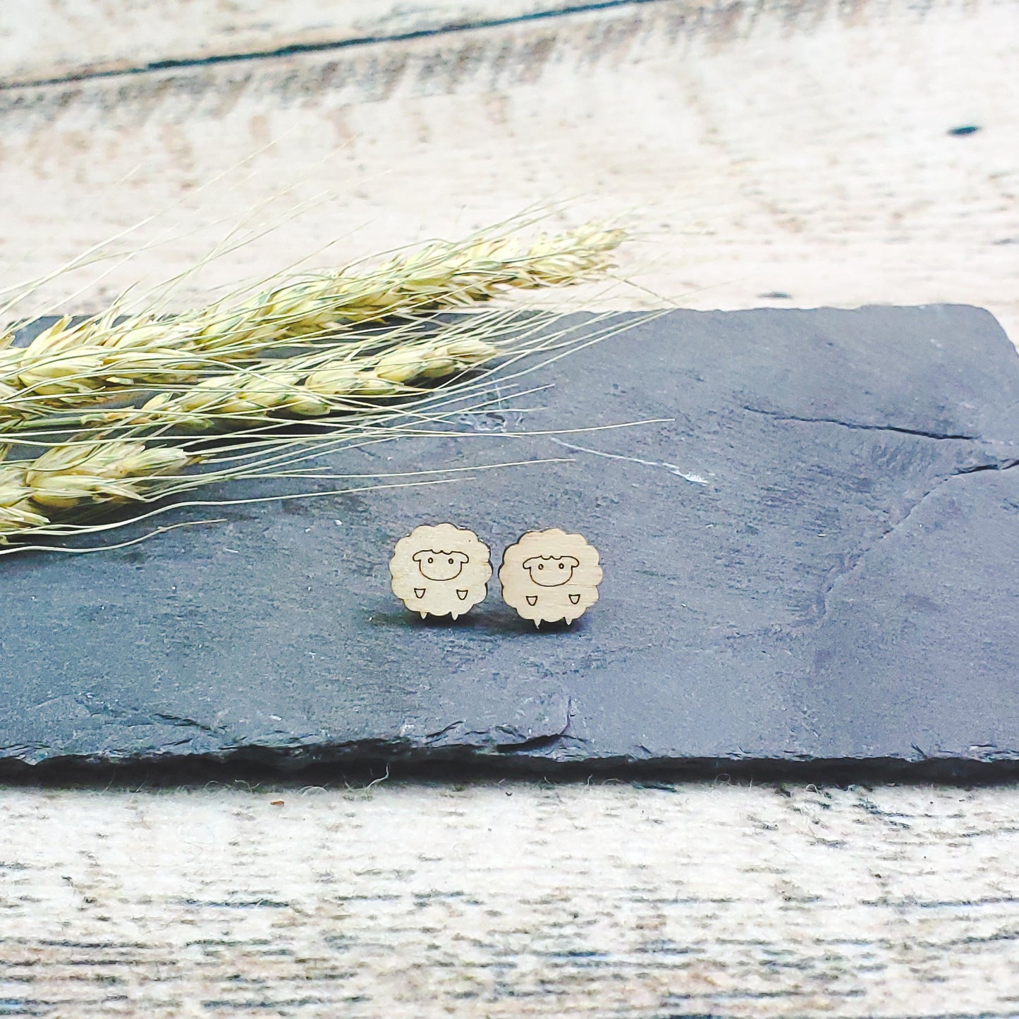 Cute Sheep Engraved Wood Earrings - A Farm Girl by Tess | Handmade Alpaca Wool Winter Hats for Women