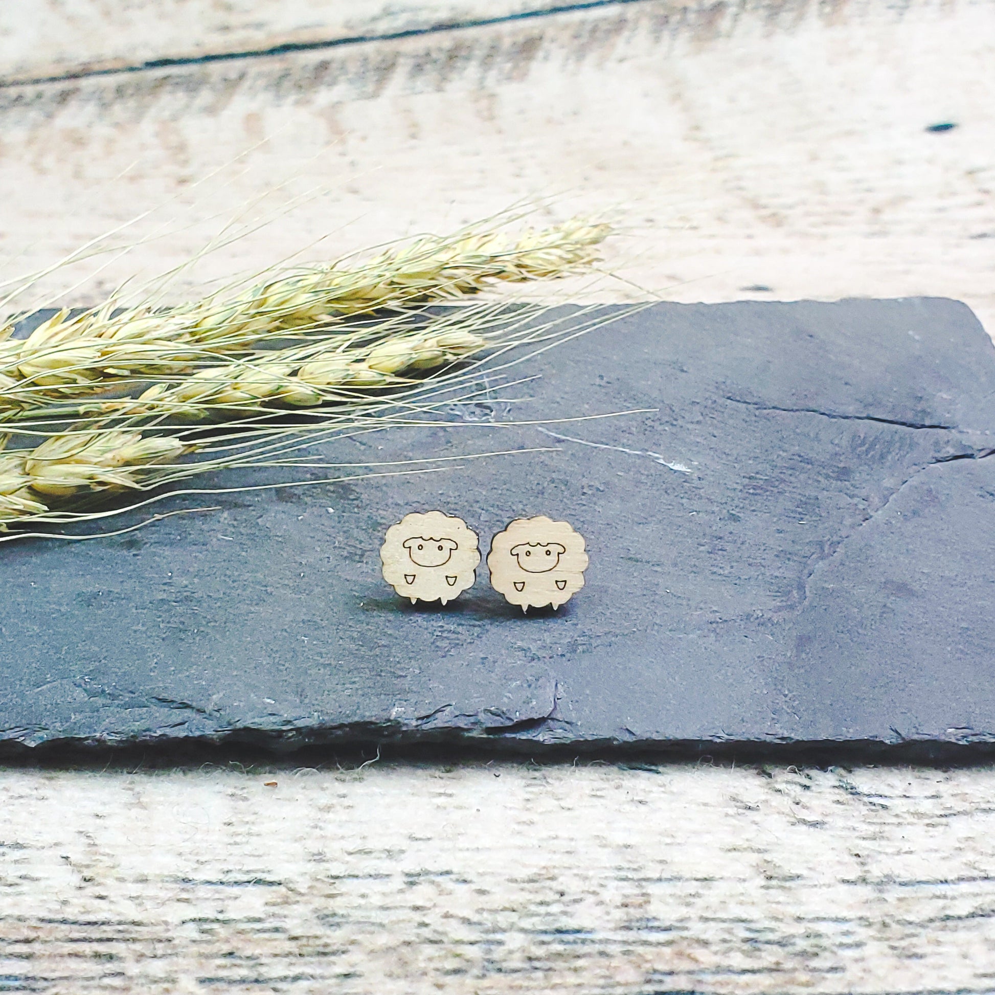Cute Sheep Engraved Wood Earrings - A Farm Girl by Tess | Handmade Alpaca Wool Winter Hats for Women