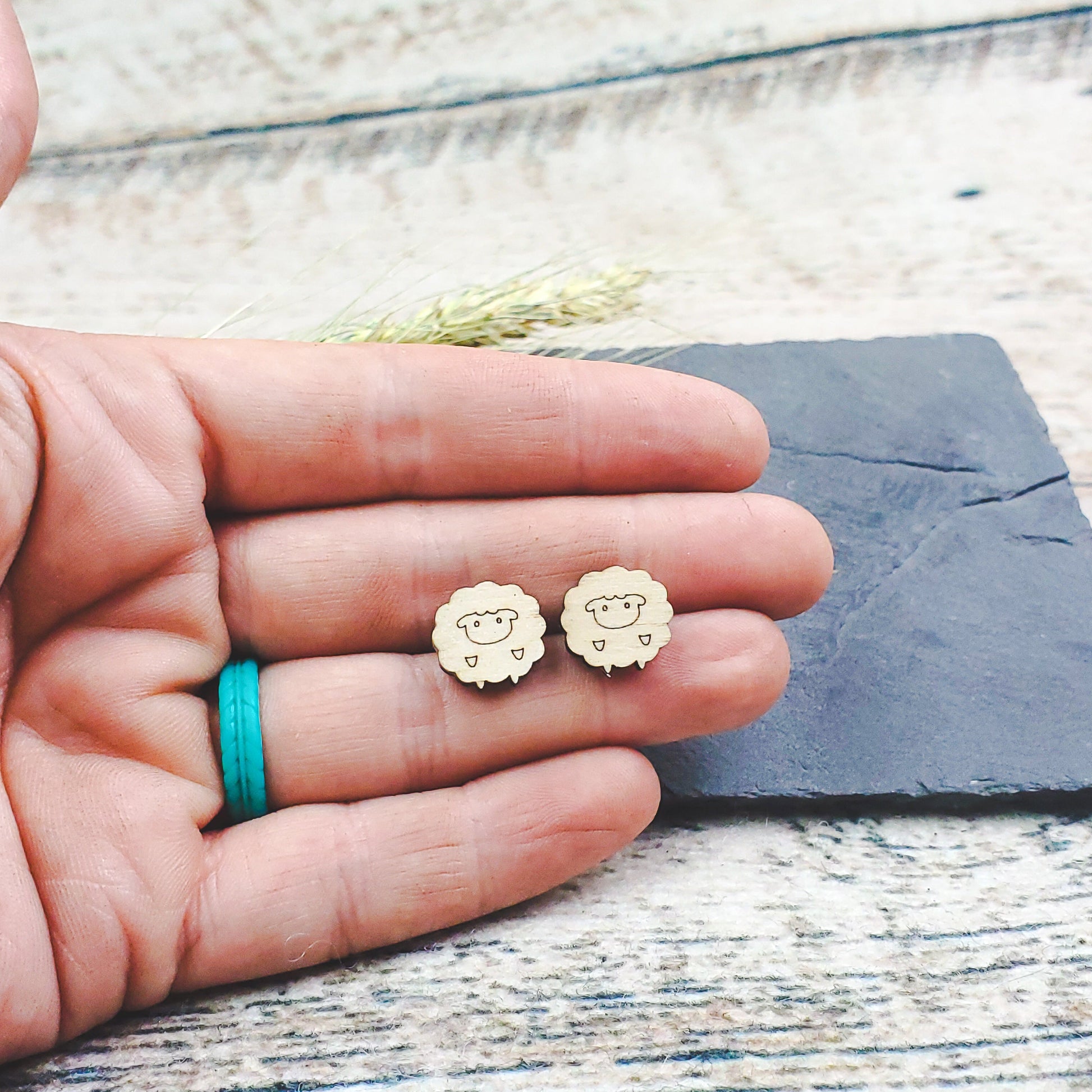 Cute Sheep Engraved Wood Earrings - A Farm Girl by Tess | Handmade Alpaca Wool Winter Hats for Women