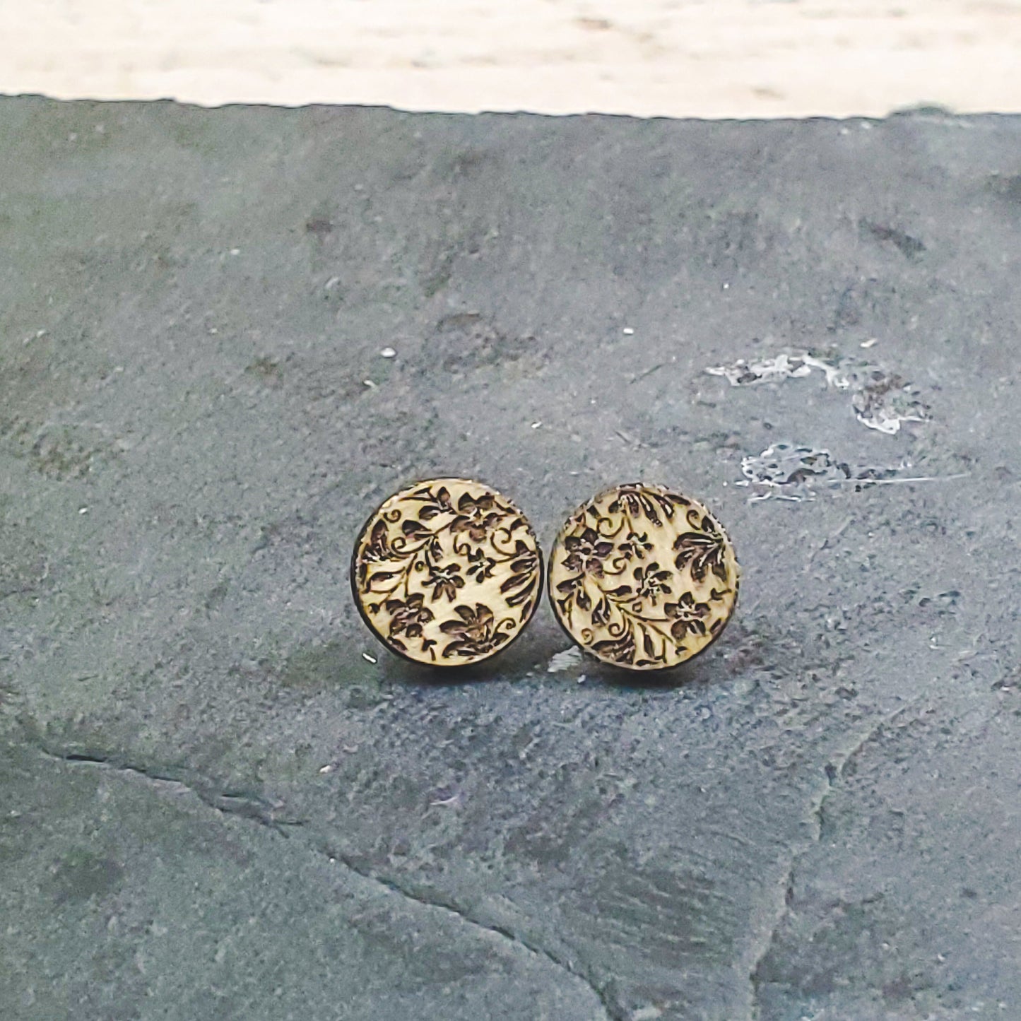 Damask Engraved Wood Earrings - A Farm Girl by Tess | Handmade Alpaca Wool Winter Hats for Women