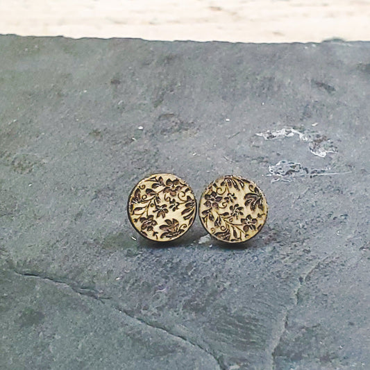 Damask Engraved Wood Earrings - A Farm Girl by Tess | Handmade Alpaca Wool Winter Hats for Women