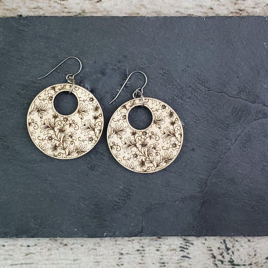 Damask Engraved Wood Earrings - A Farm Girl by Tess | Handmade Alpaca Wool Winter Hats for Women