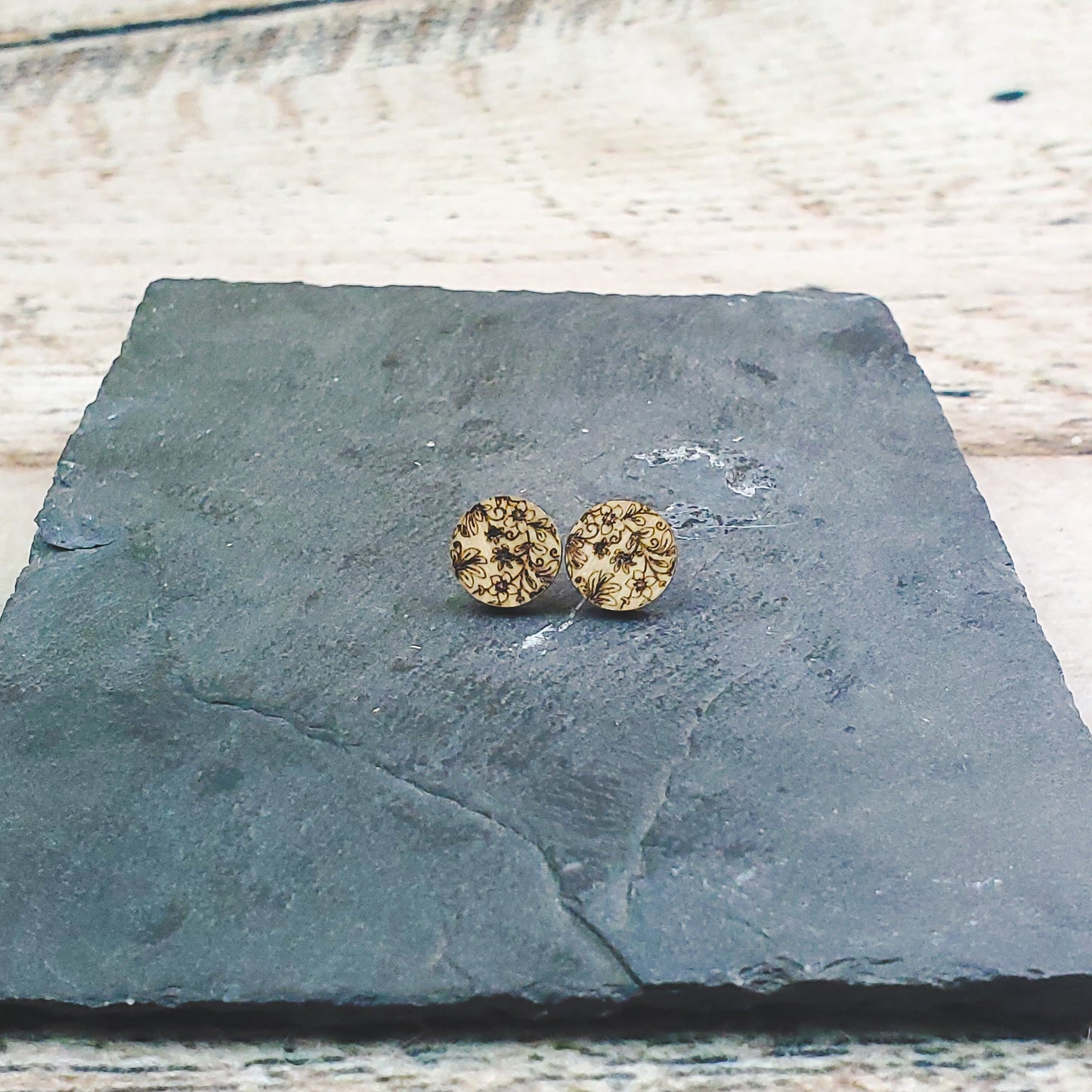 Damask Engraved Wood Earrings - A Farm Girl by Tess | Handmade Alpaca Wool Winter Hats for Women