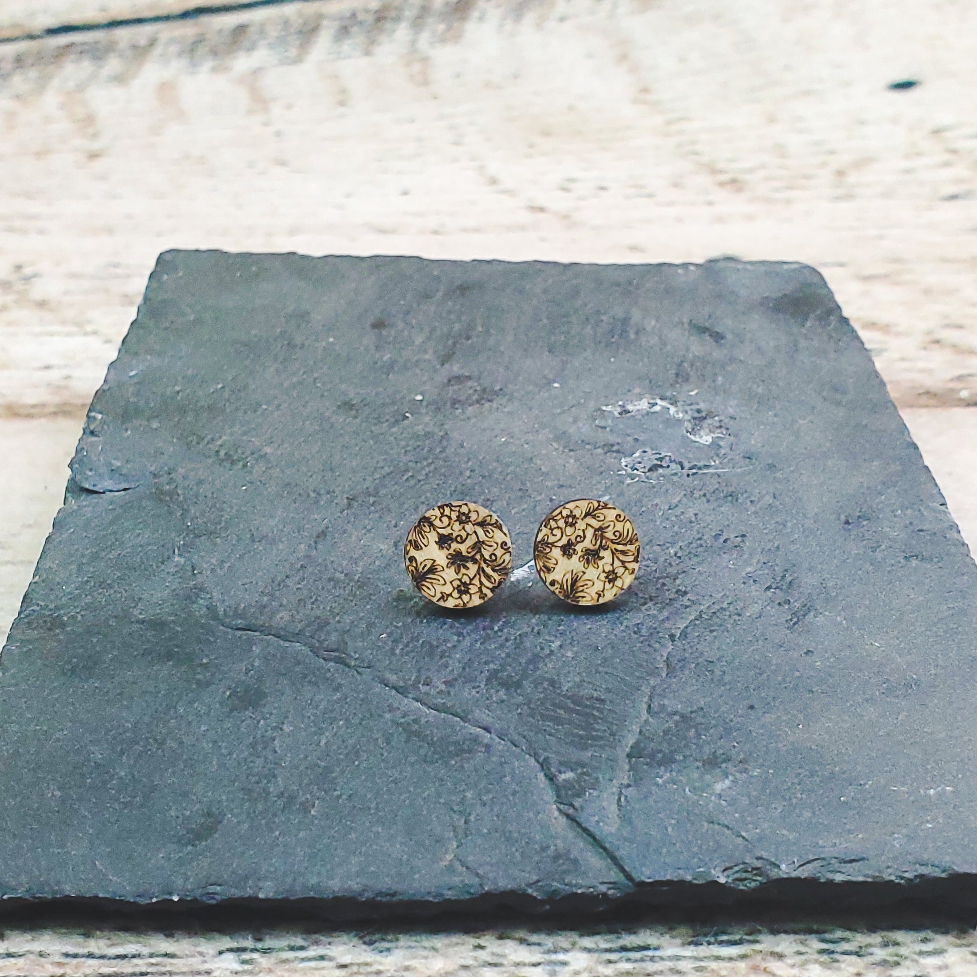 Damask Engraved Wood Earrings - A Farm Girl by Tess | Handmade Alpaca Wool Winter Hats for Women