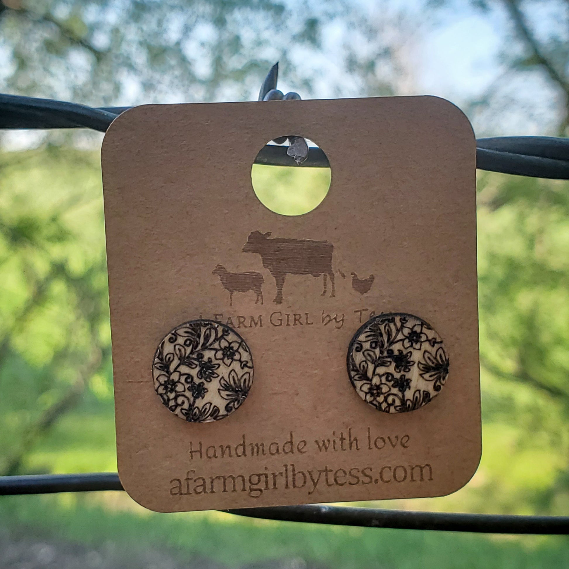 Damask Engraved Wood Earrings - A Farm Girl by Tess | Handmade Alpaca Wool Winter Hats for Women
