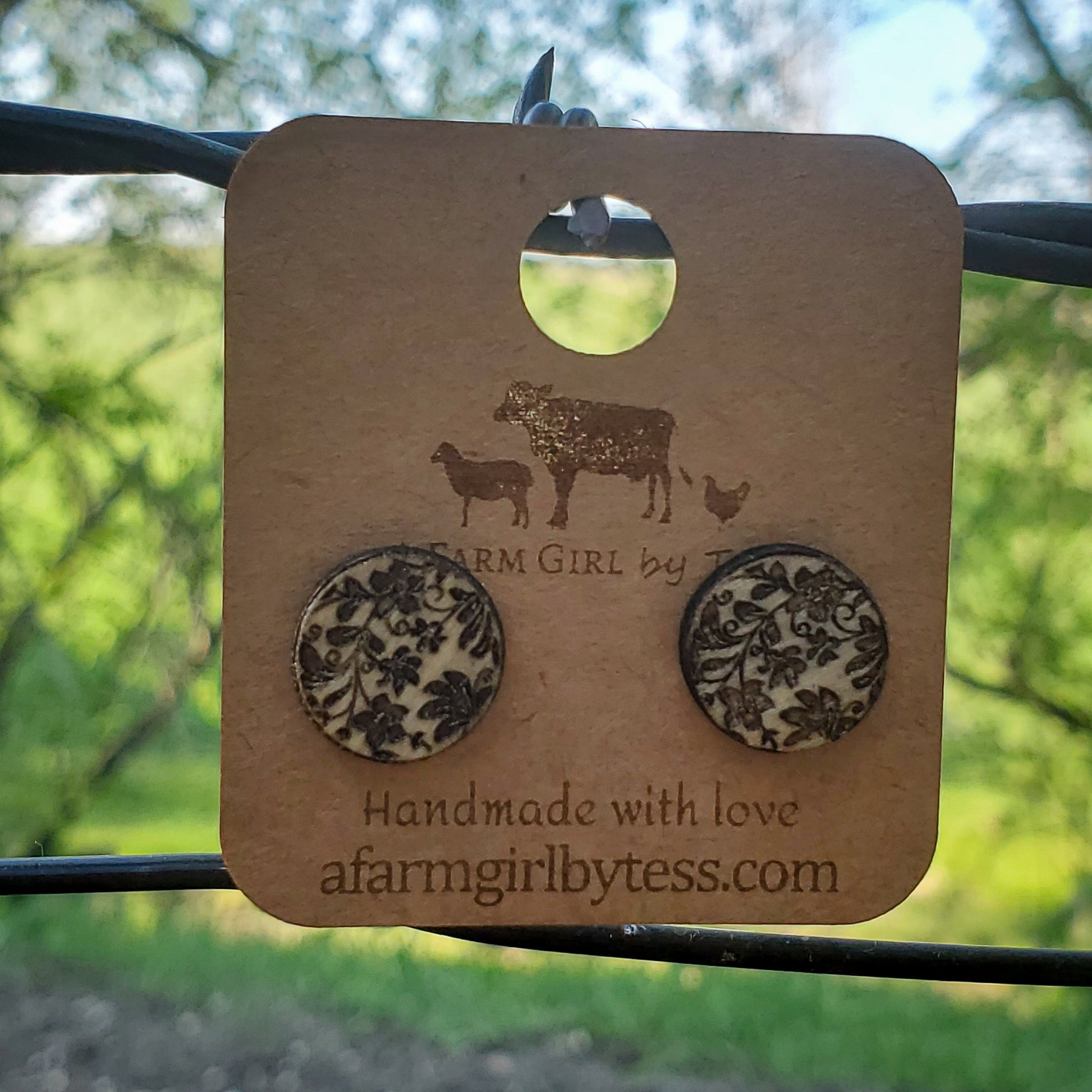 Damask Engraved Wood Earrings - A Farm Girl by Tess | Handmade Alpaca Wool Winter Hats for Women