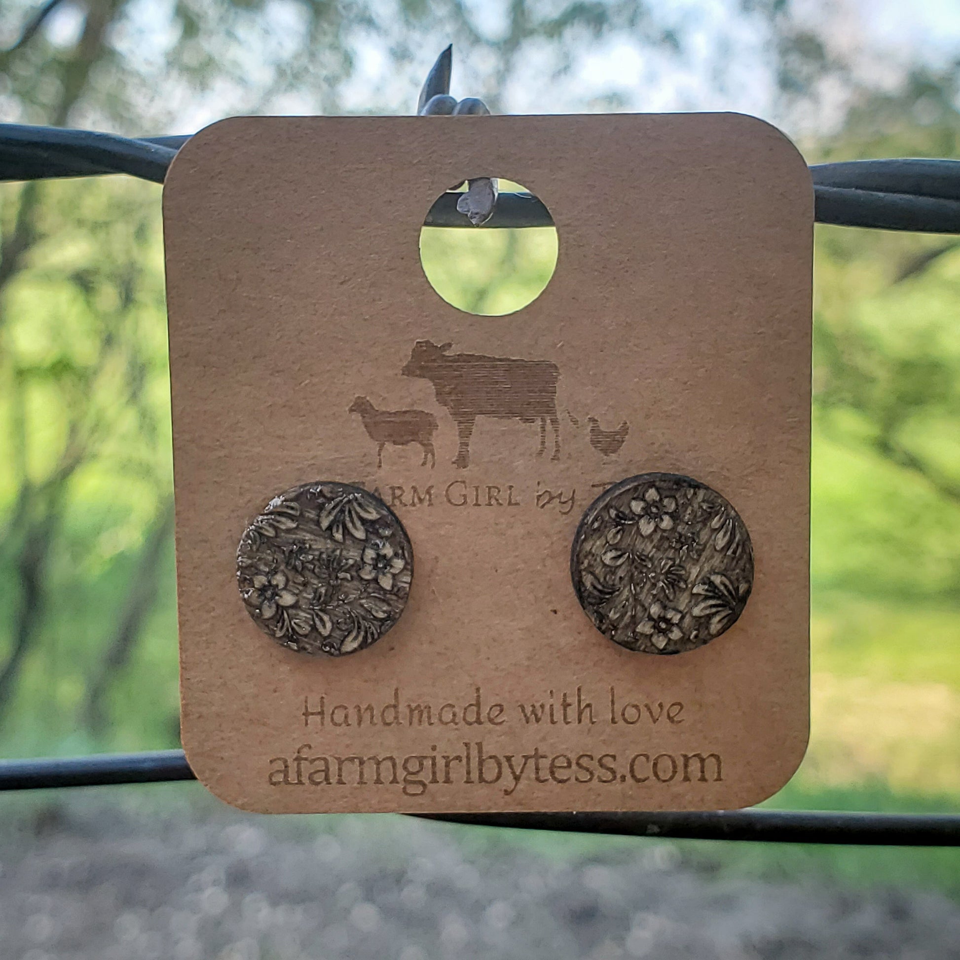 Damask Engraved Wood Earrings - A Farm Girl by Tess | Handmade Alpaca Wool Winter Hats for Women