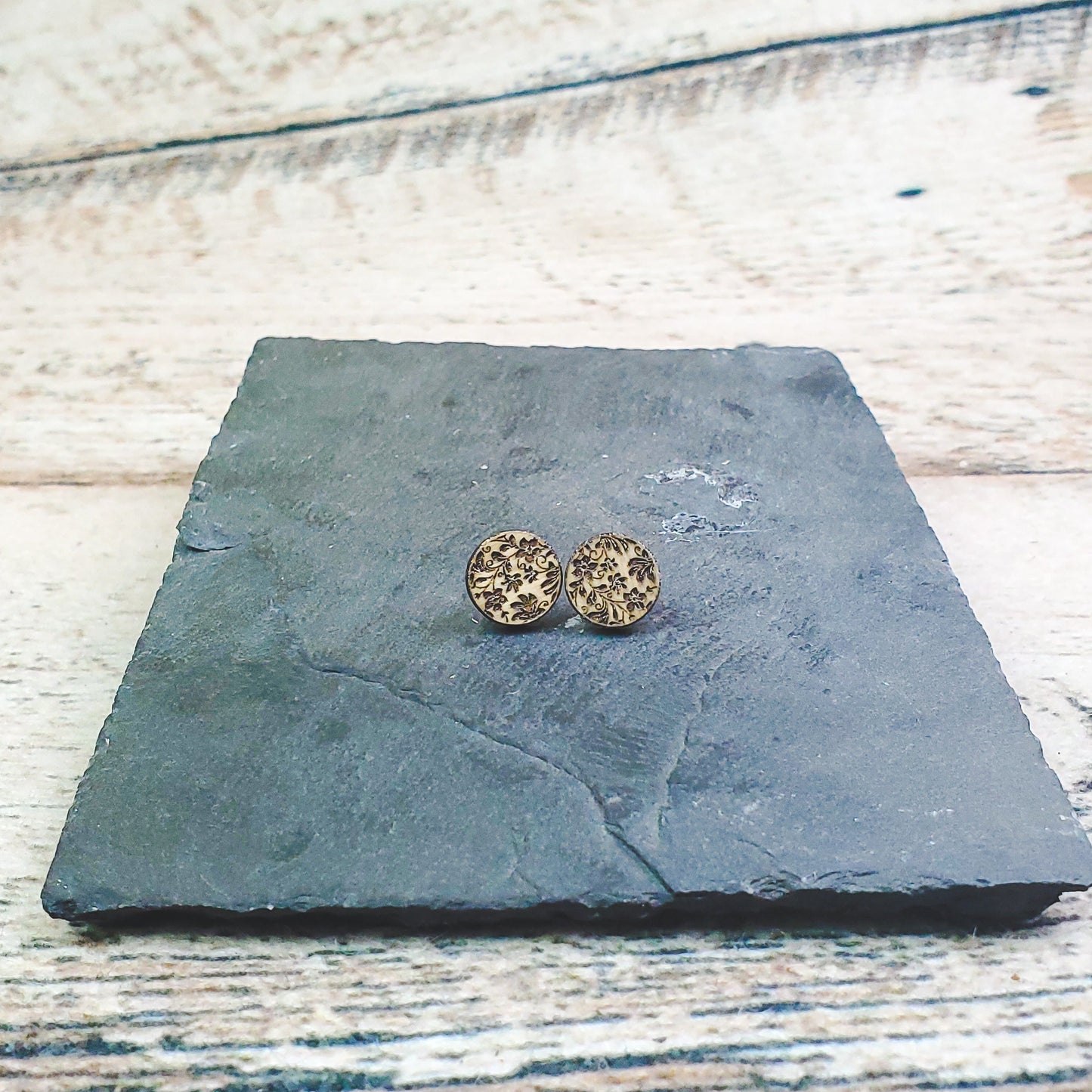 Damask Engraved Wood Earrings - A Farm Girl by Tess | Handmade Alpaca Wool Winter Hats for Women
