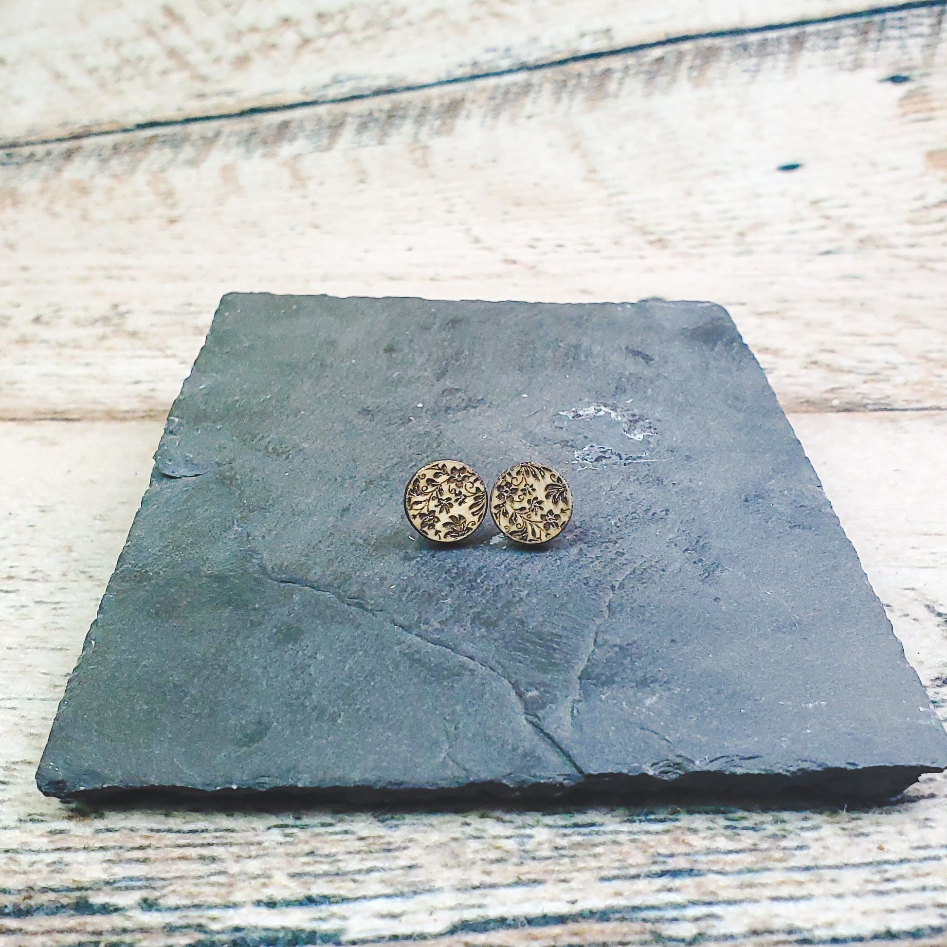 Damask Engraved Wood Earrings - A Farm Girl by Tess | Handmade Alpaca Wool Winter Hats for Women