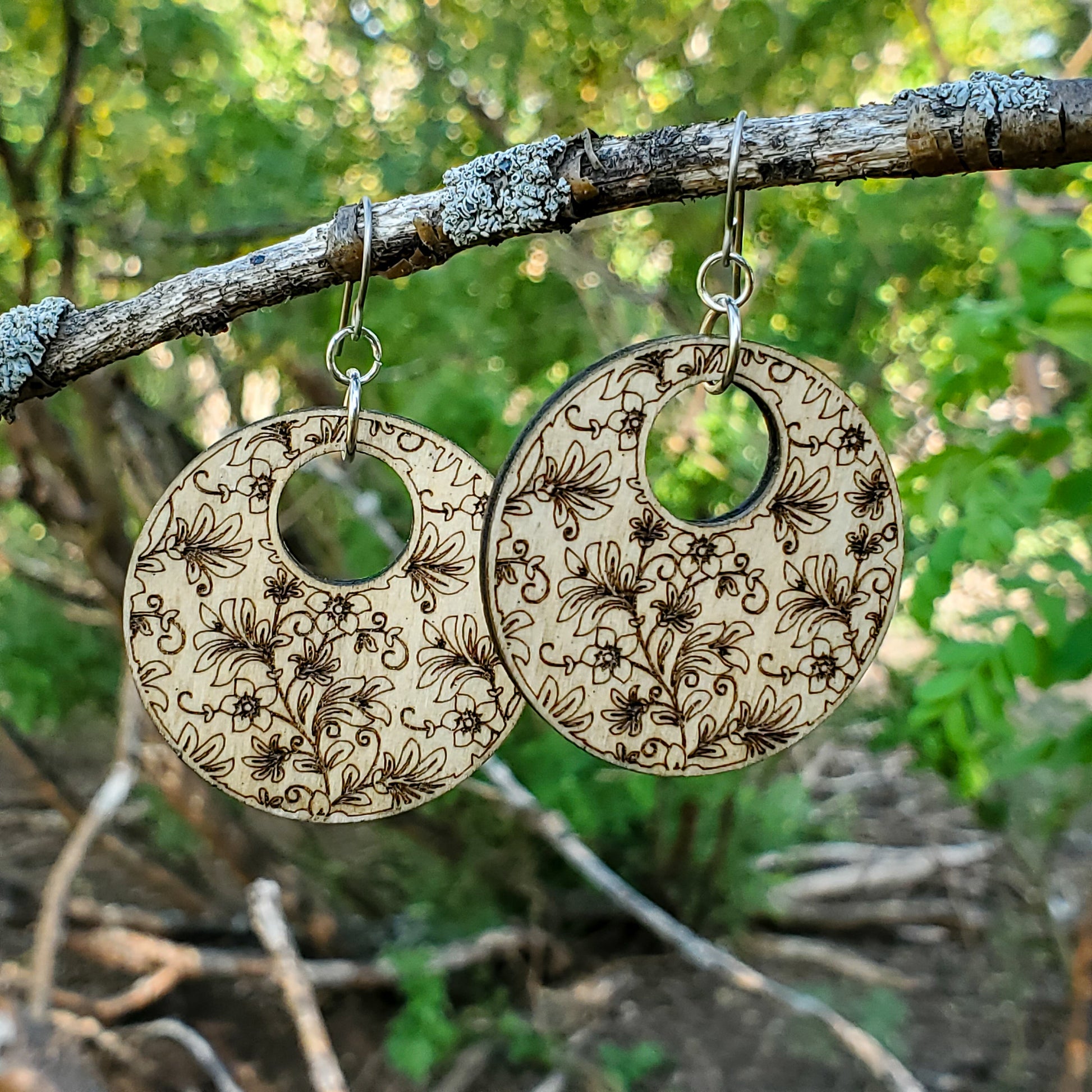 Damask Engraved Wood Earrings - A Farm Girl by Tess | Handmade Alpaca Wool Winter Hats for Women