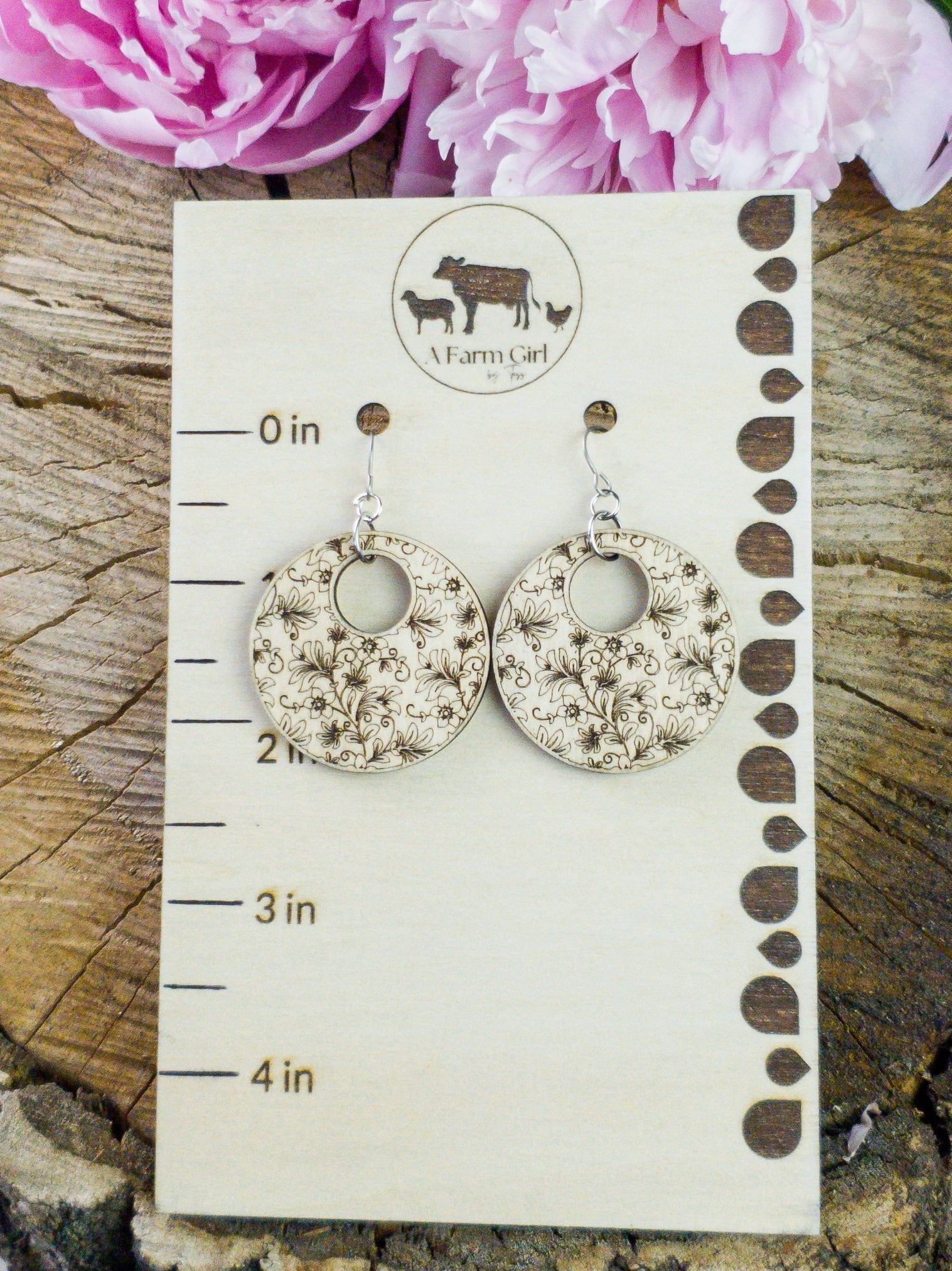 Damask Engraved Wood Earrings - A Farm Girl by Tess | Handmade Alpaca Wool Winter Hats for Women