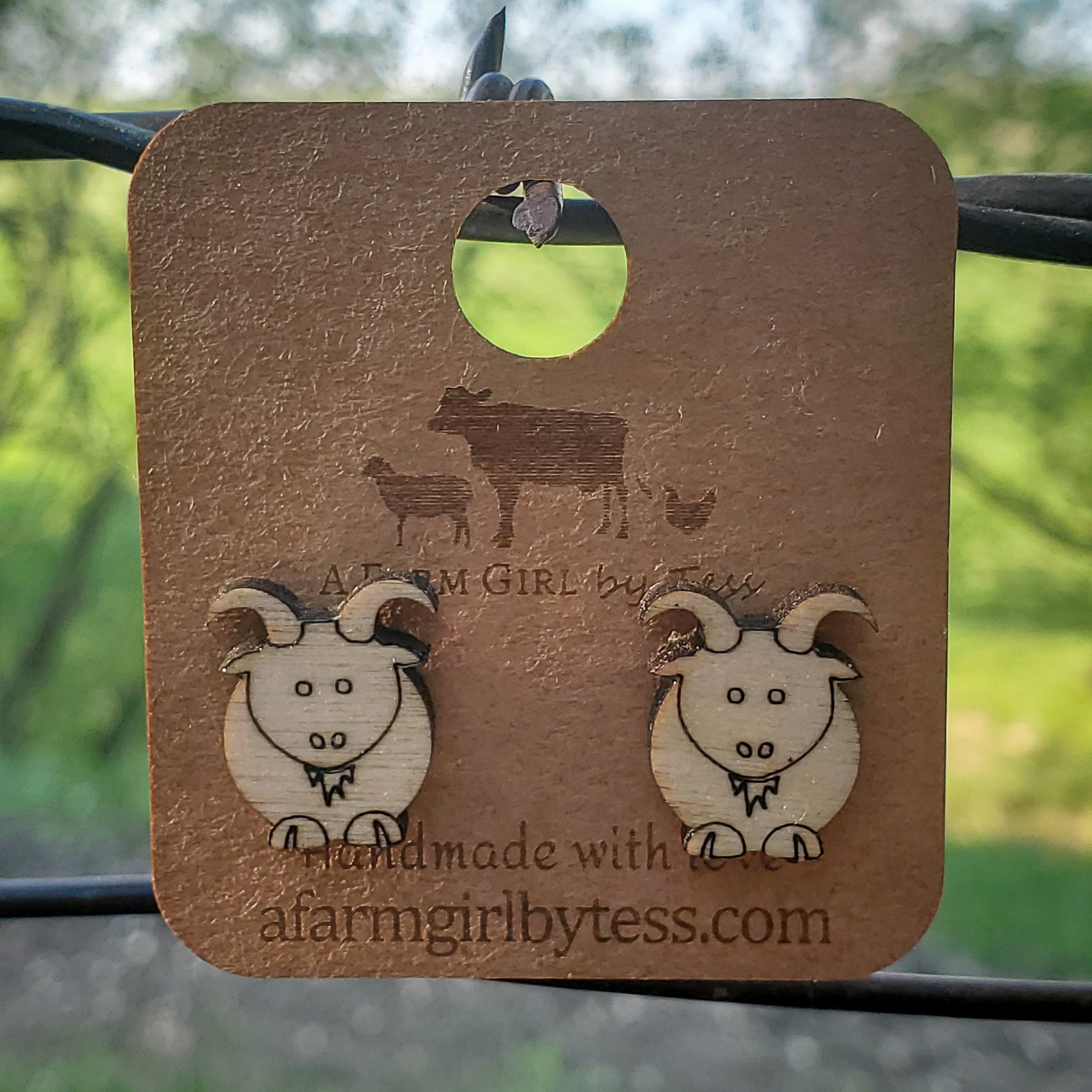 Goat Wood Engraved Earrings - A Farm Girl by Tess | Handmade Alpaca Wool Winter Hats for Women