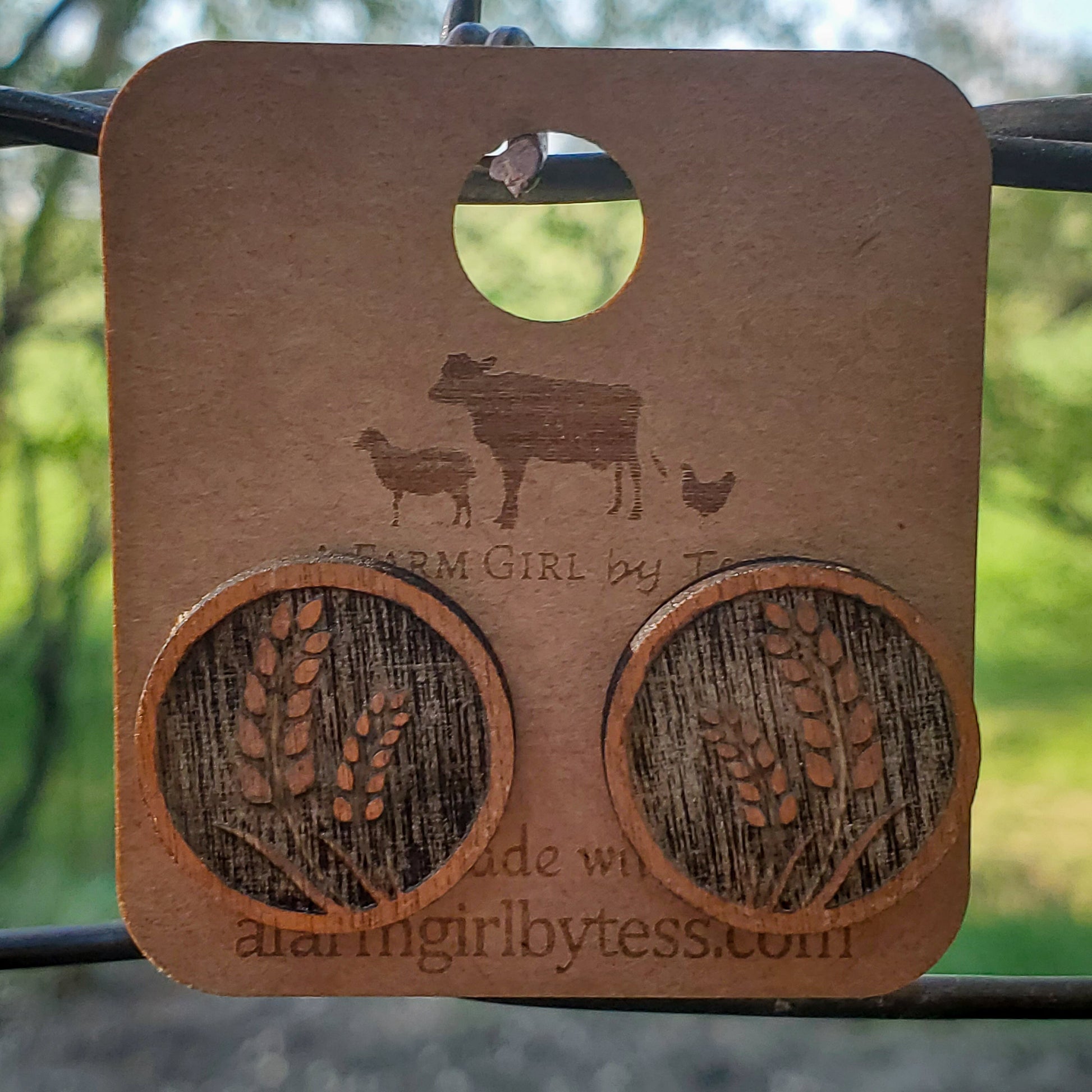 Large Bronze Wheat Engraved Wood Earring Posts - A Farm Girl by Tess | Handmade Alpaca Wool Winter Hats for Women
