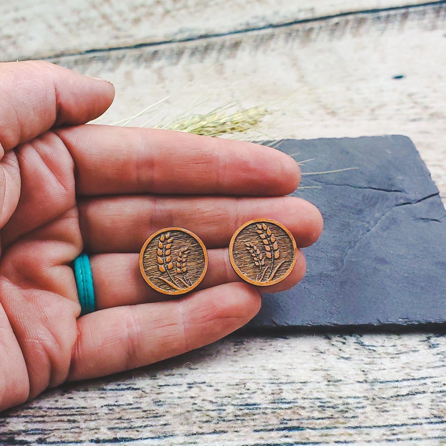 Large Bronze Wheat Engraved Wood Earring Posts - A Farm Girl by Tess | Handmade Alpaca Wool Winter Hats for Women