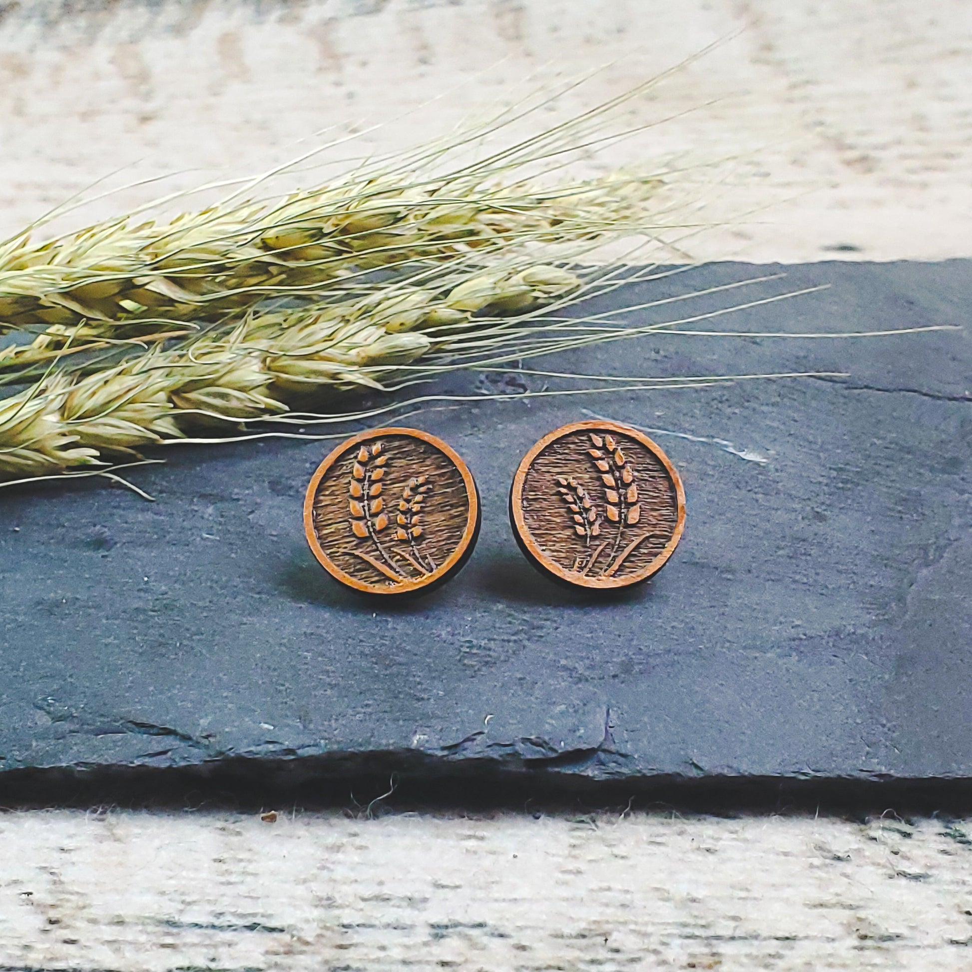 Large Bronze Wheat Engraved Wood Earring Posts - A Farm Girl by Tess | Handmade Alpaca Wool Winter Hats for Women