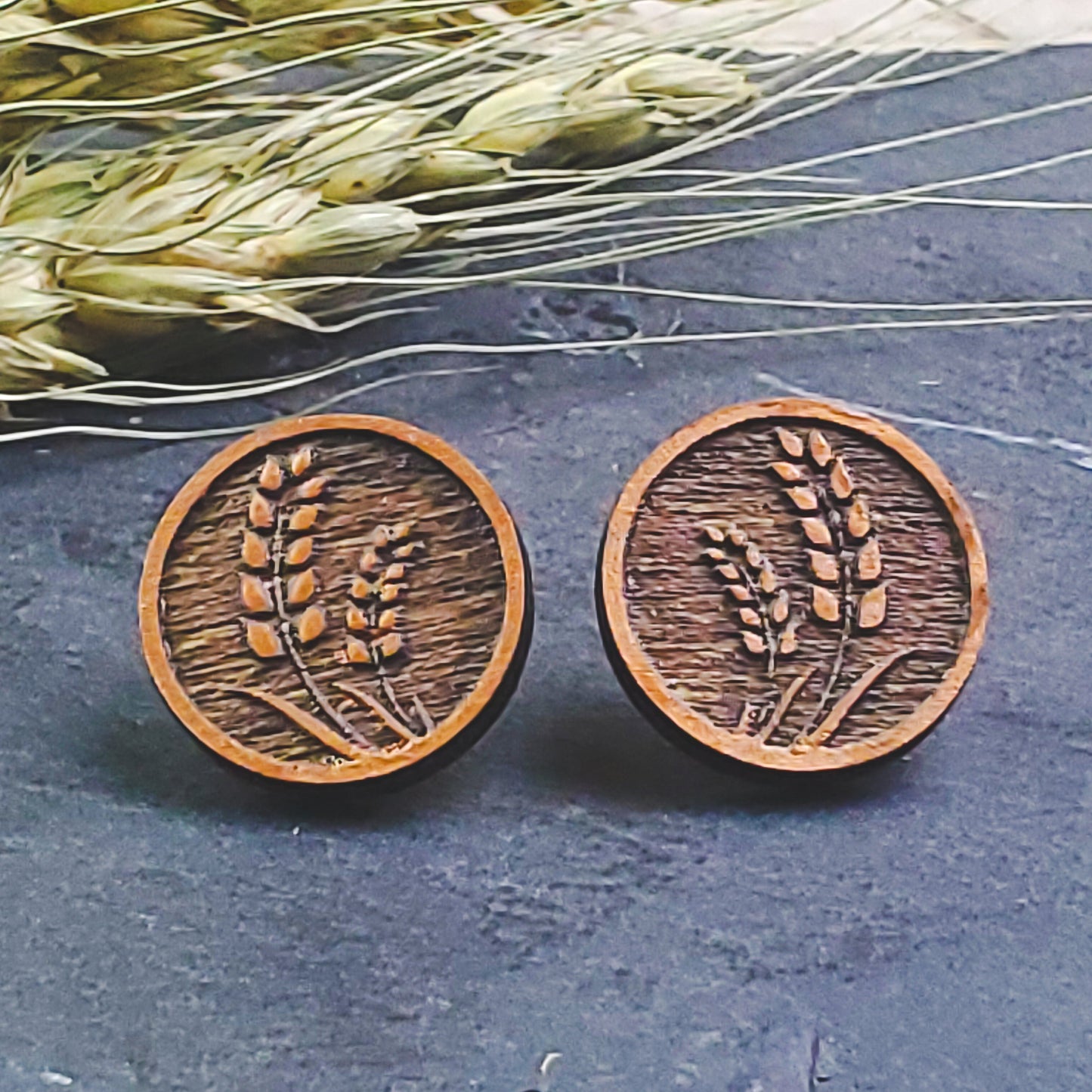 Large Bronze Wheat Engraved Wood Earring Posts - A Farm Girl by Tess | Handmade Alpaca Wool Winter Hats for Women