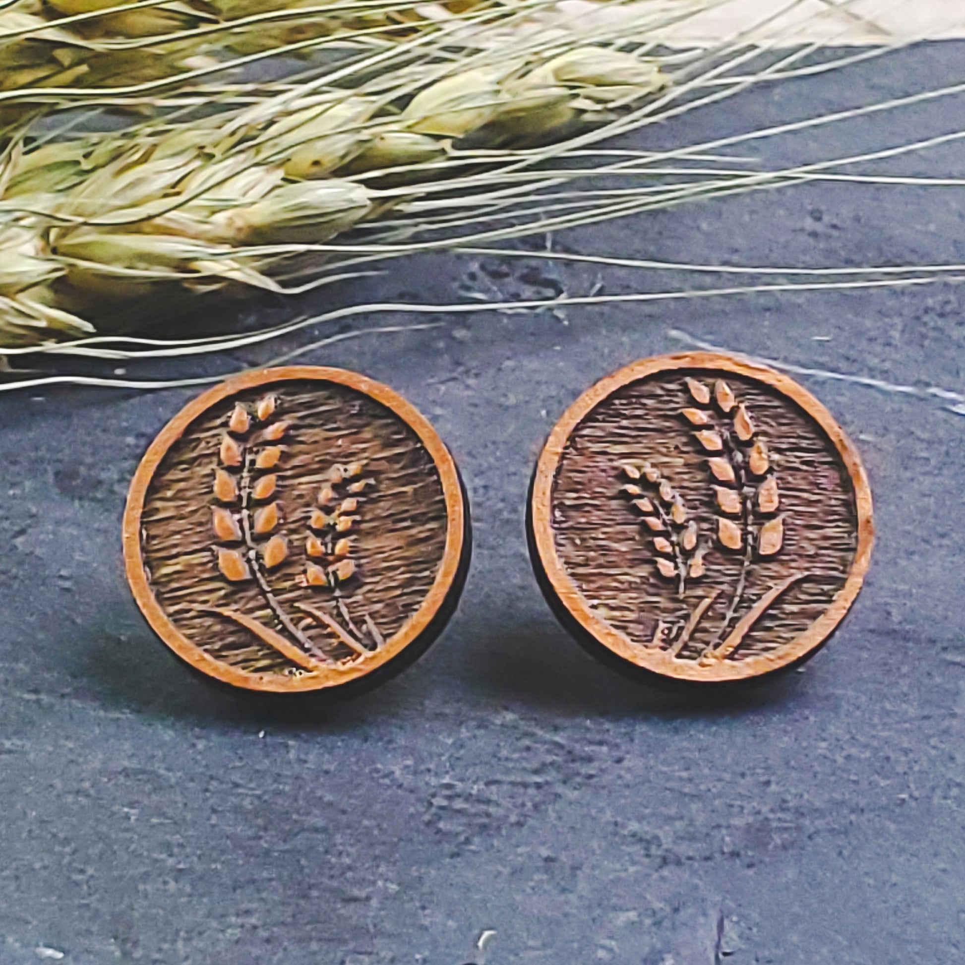 Large Bronze Wheat Engraved Wood Earring Posts - A Farm Girl by Tess | Handmade Alpaca Wool Winter Hats for Women